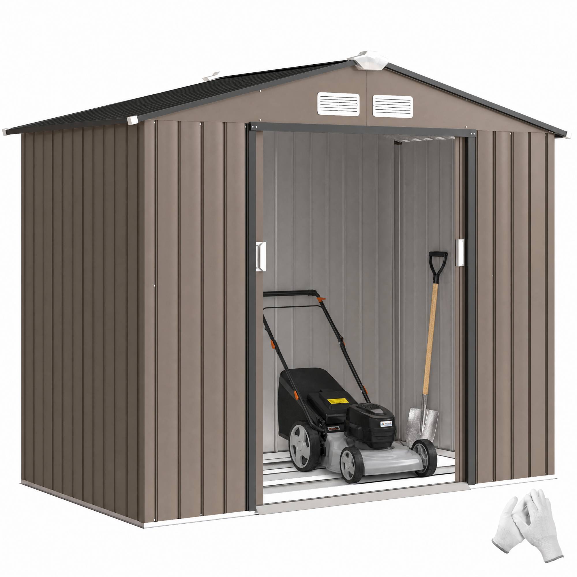 Abri de jardin extérieur avec base renforcée, sans plancher, 213 x 130 x 185 cm, avec 2 portes coulissantes et 4 fenêtres, couleur marron - Image 1
