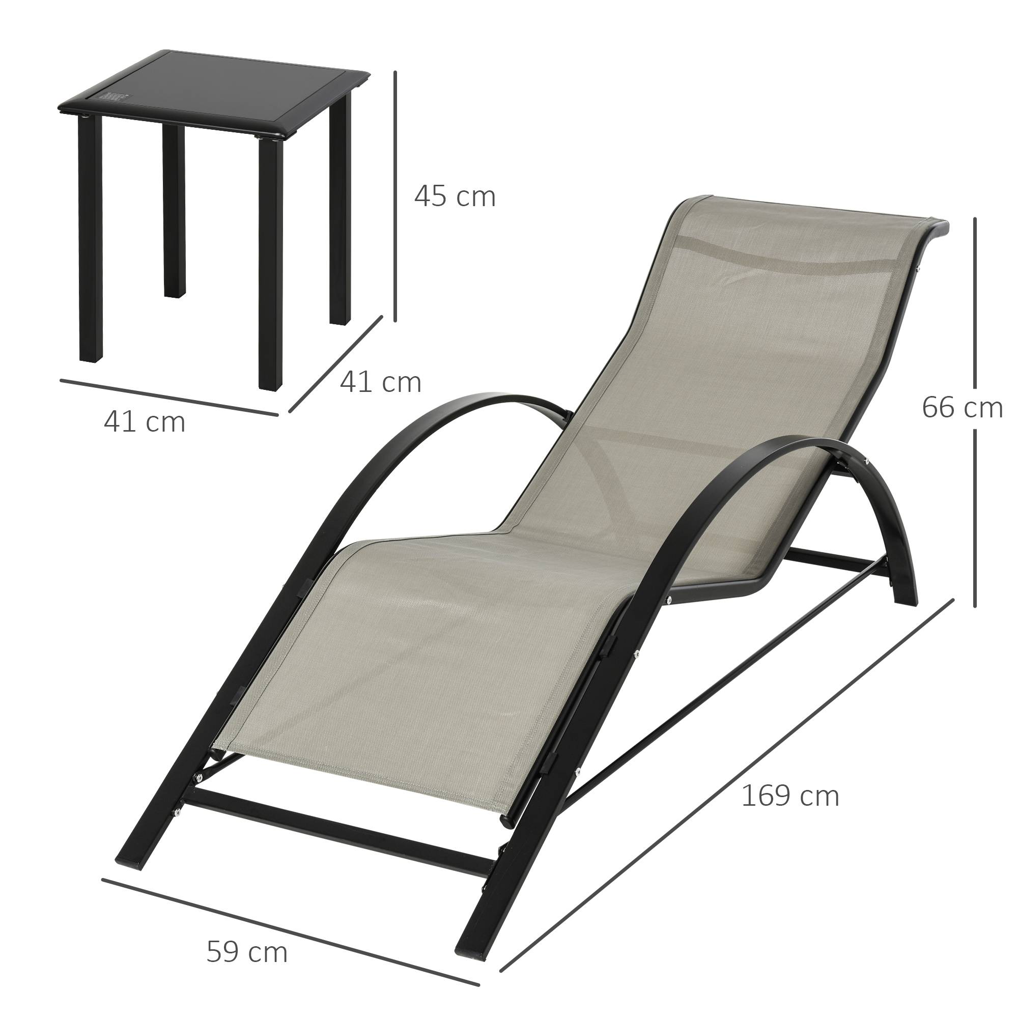 Ensemble de jardin 3 pièces, 2 chaises longues et 1 table d'appoint, structure en métal, gris et noir - Image 5