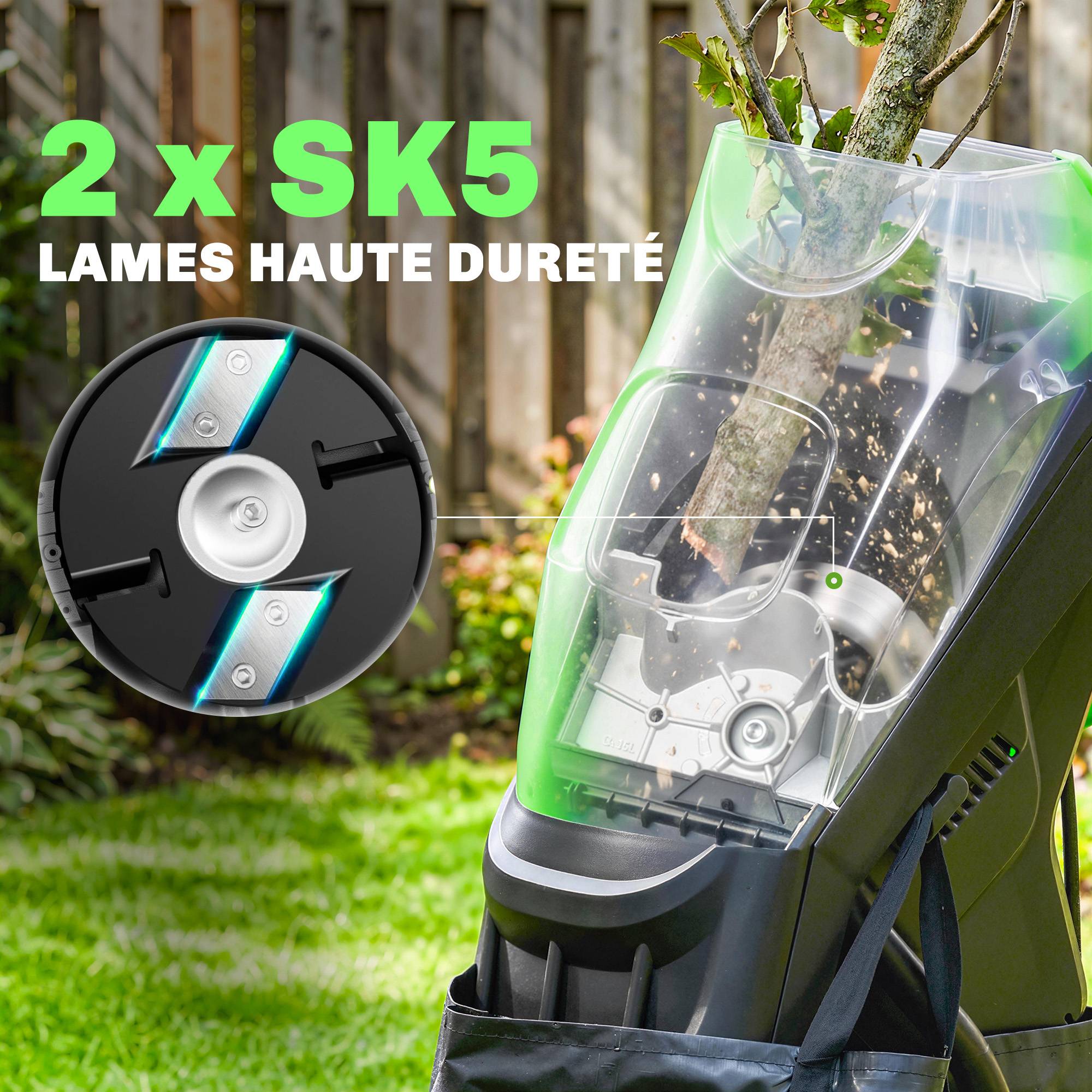 Broyeur de Végétaux Électrique 2500 W, Broyeur de Branches avec Sac de Collecte 45L, 4300 tr/min, 44x34x96cm, Vert - Image 8