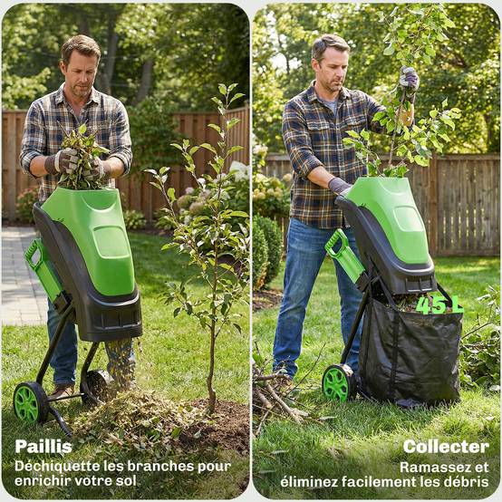 Broyeur de Végétaux Électrique 2500 W, Broyeur de Branches avec Sac de Collecte 45L, 4300 tr/min, 44x34x96cm, Vert - Image 10