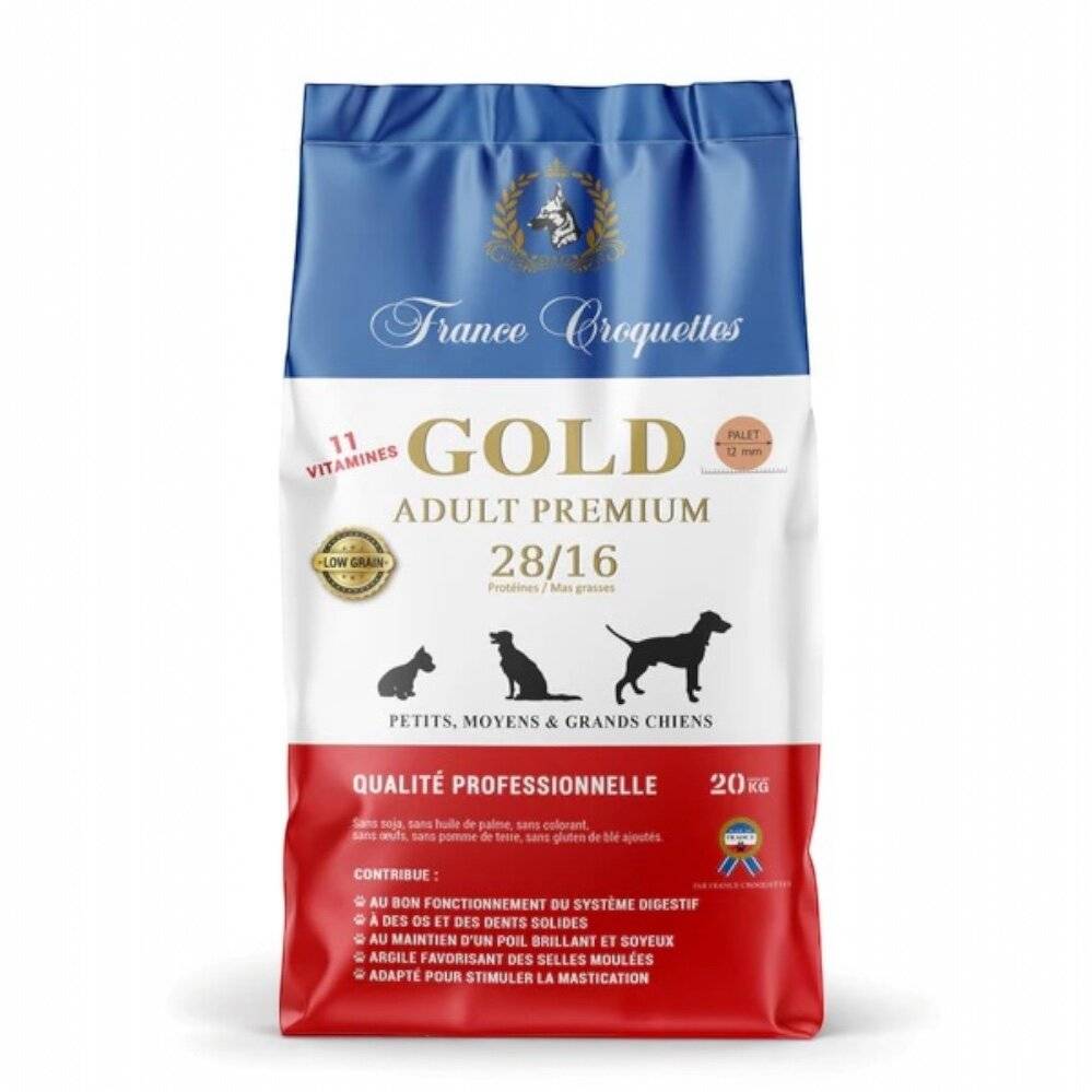 france croquette pour chien adulte gold adult premium 28/16 low grain–1,5kg–adulte toute race/taille-haute finition-faible teneur en cereale-sans blé