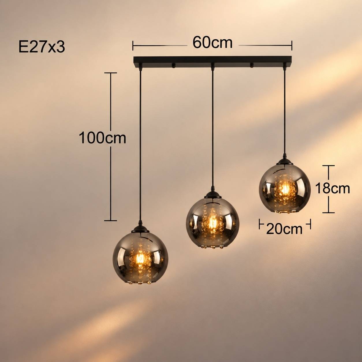 Suspension Lumineuse Salle à Manger 3 Globes Verre Fumé - Image 5