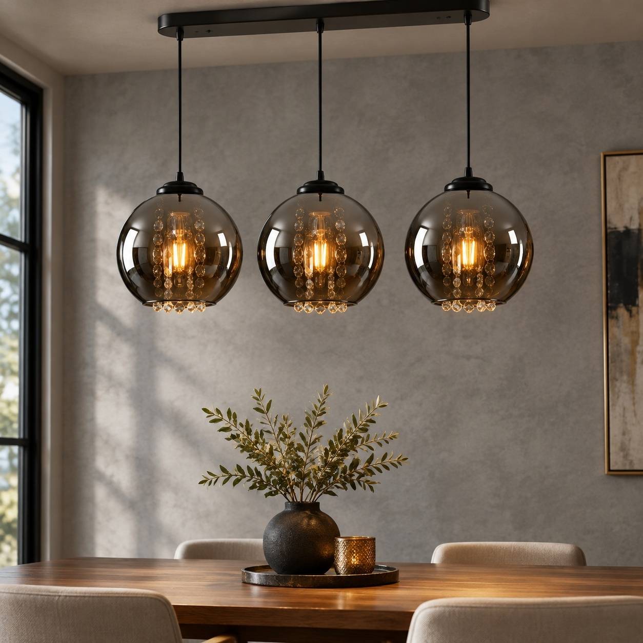 Suspension Lumineuse Salle à Manger 3 Globes Verre Fumé - Image 7
