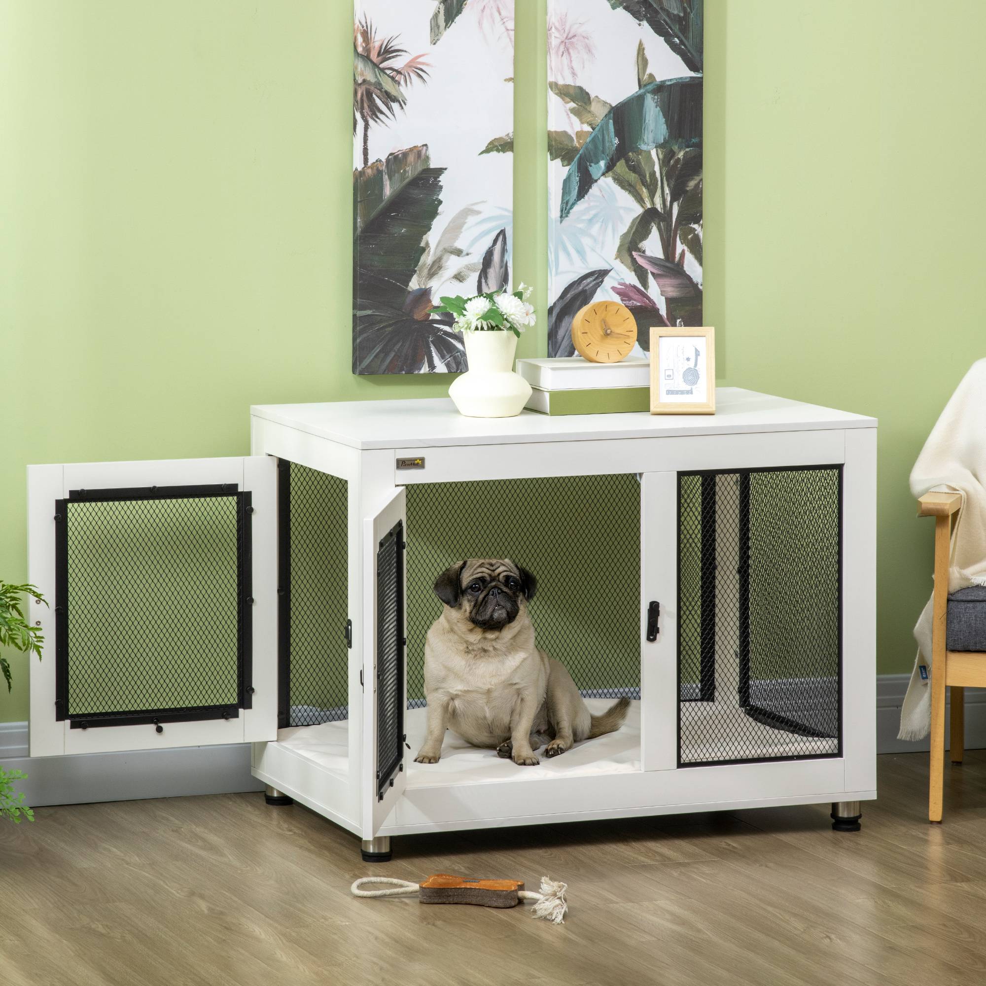 Caisse pour chien avec tapis doux,2 portes verrouillables,acier blanc,94x60x71,5cm - Image 3