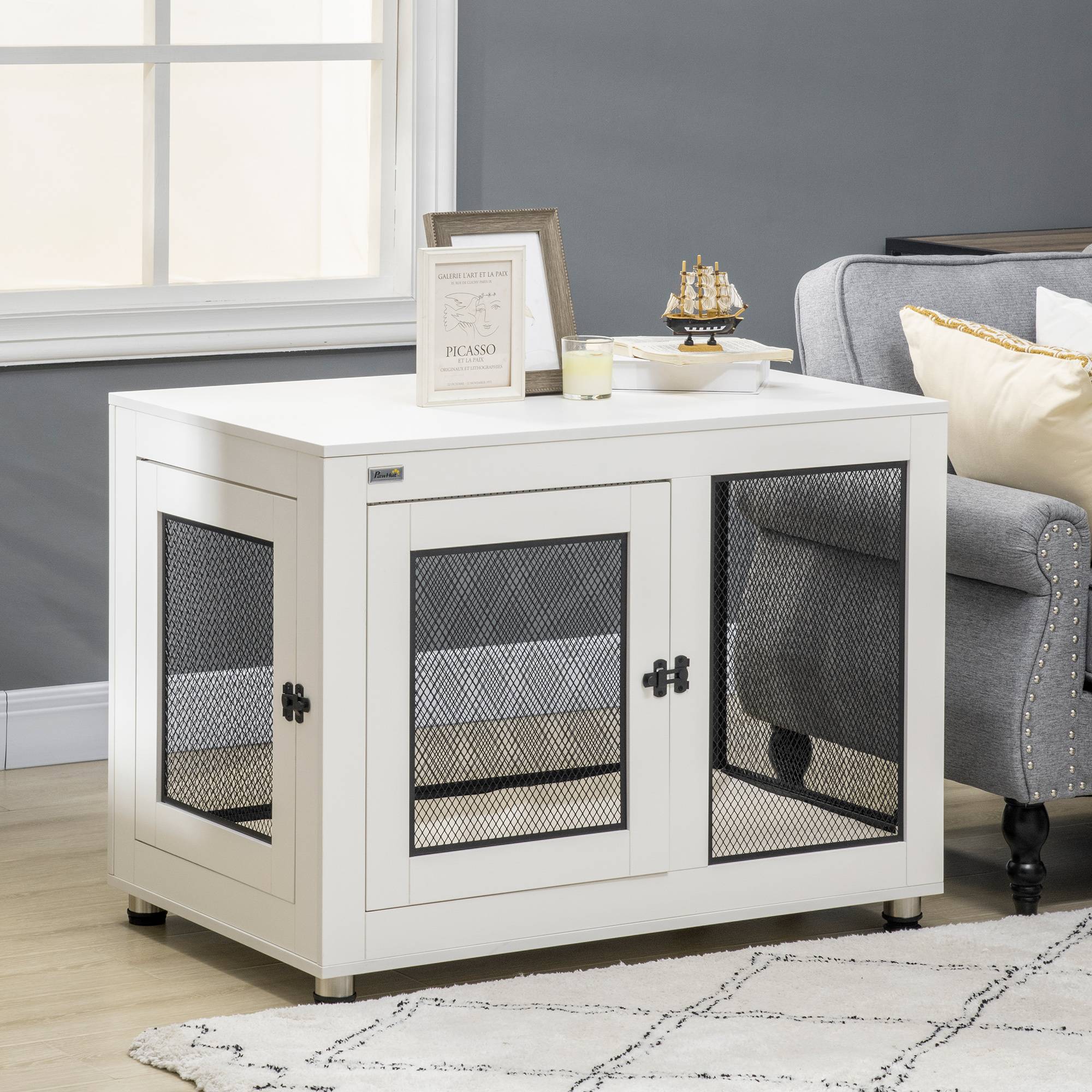 Caisse pour chien avec tapis doux,2 portes verrouillables,acier blanc,94x60x71,5cm - Image 4