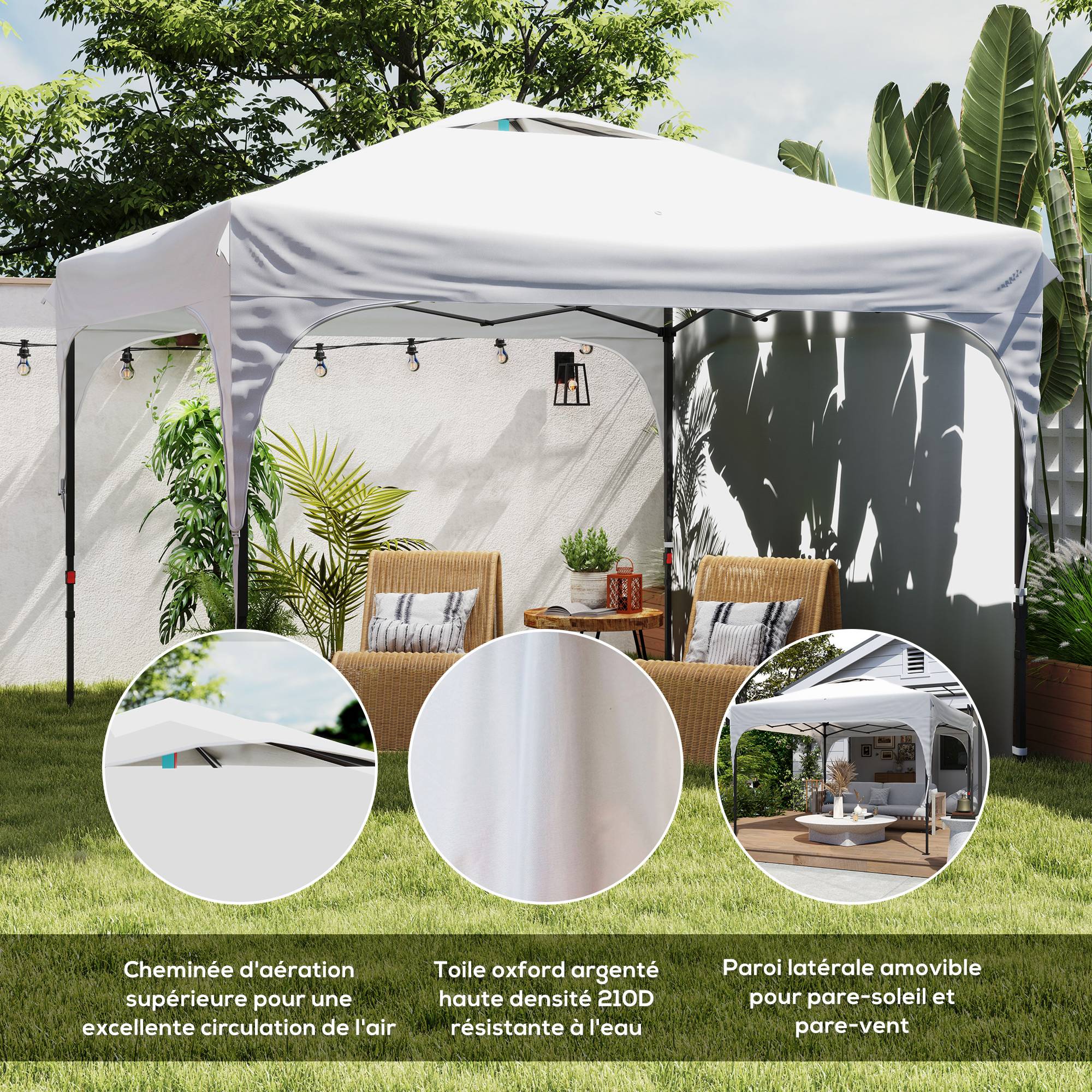 Tonnelle pliante acier tissu Oxford camping marché hauteur réglable sac roulettes 3x3m blanc - ComfortXL Outdoor Living - Image 9