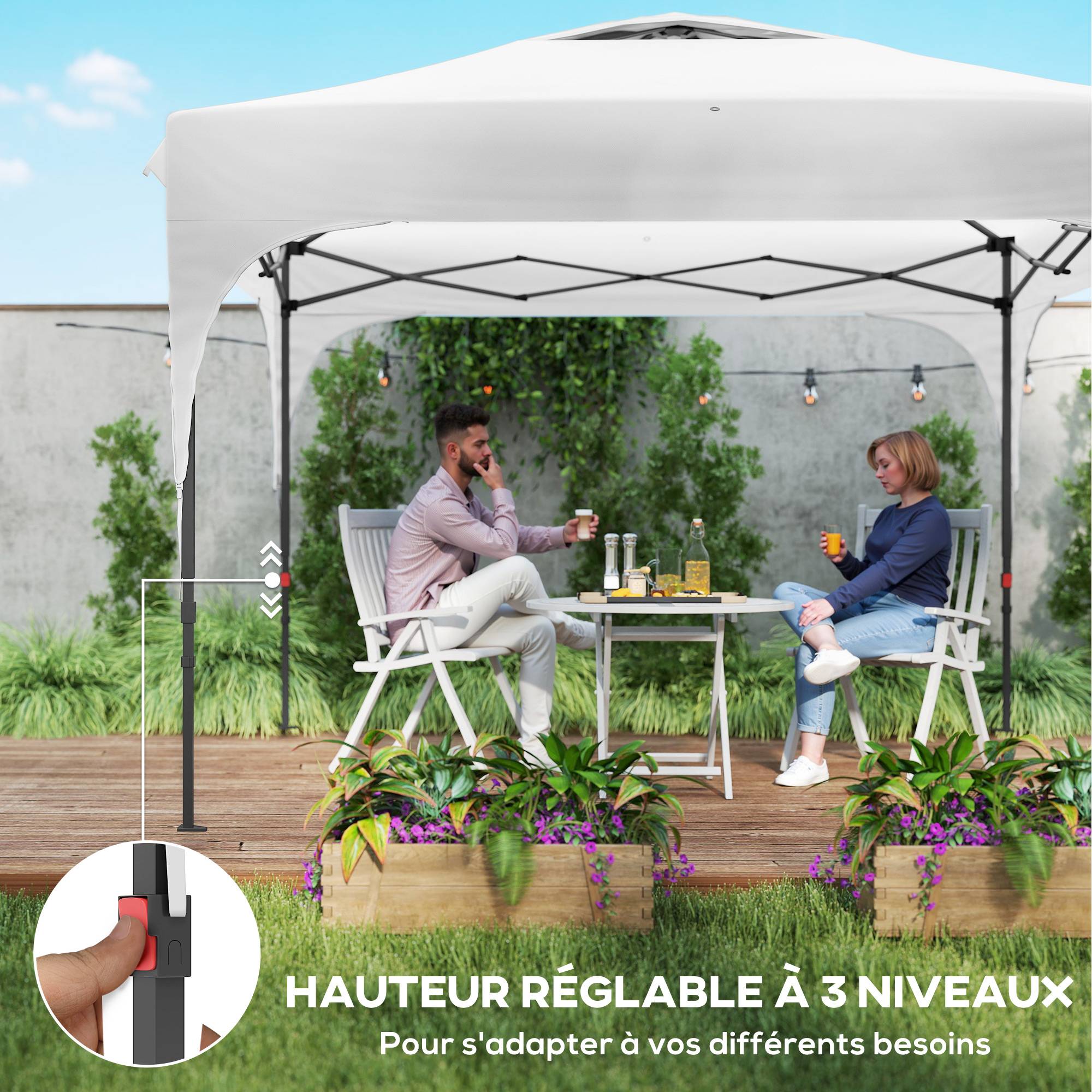 Tonnelle pliante acier tissu Oxford camping marché hauteur réglable sac roulettes 3x3m blanc - ComfortXL Outdoor Living - Image 6