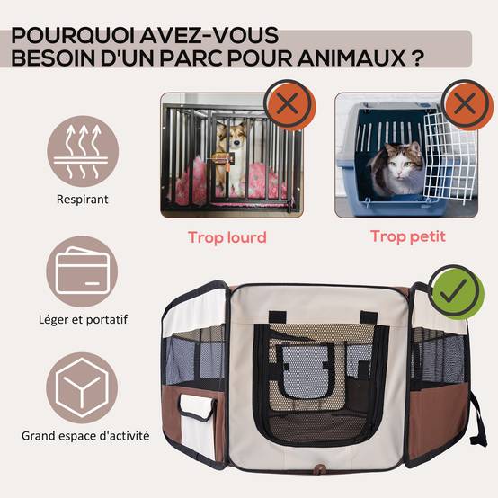 Parc enclos pliable tissu Oxford petits animaux filet respirant 90x41cm marron - ComfortXL Outdoor Living - Image 6