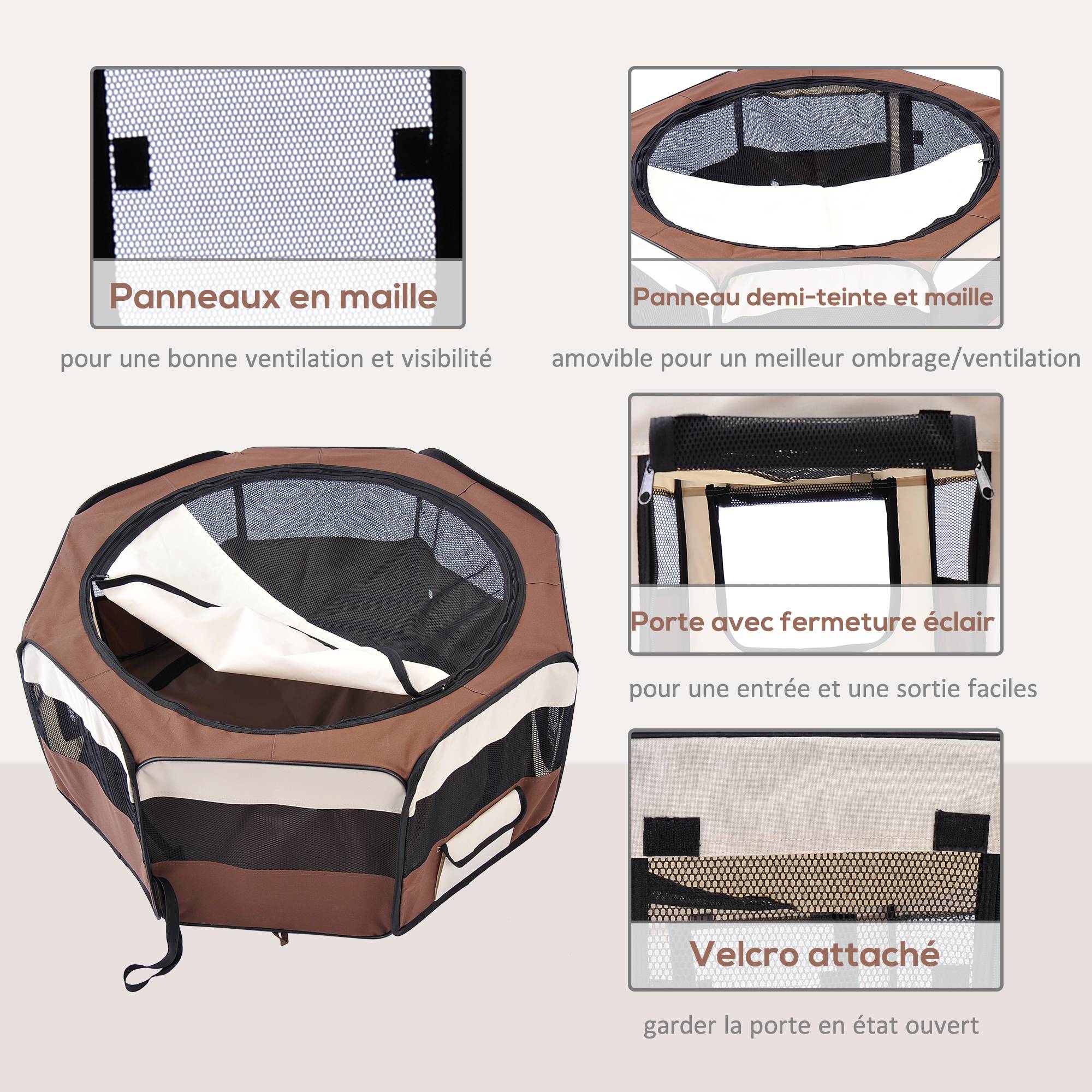 Parc enclos pliable tissu Oxford petits animaux filet respirant 90x41cm marron - ComfortXL Outdoor Living - Image 8