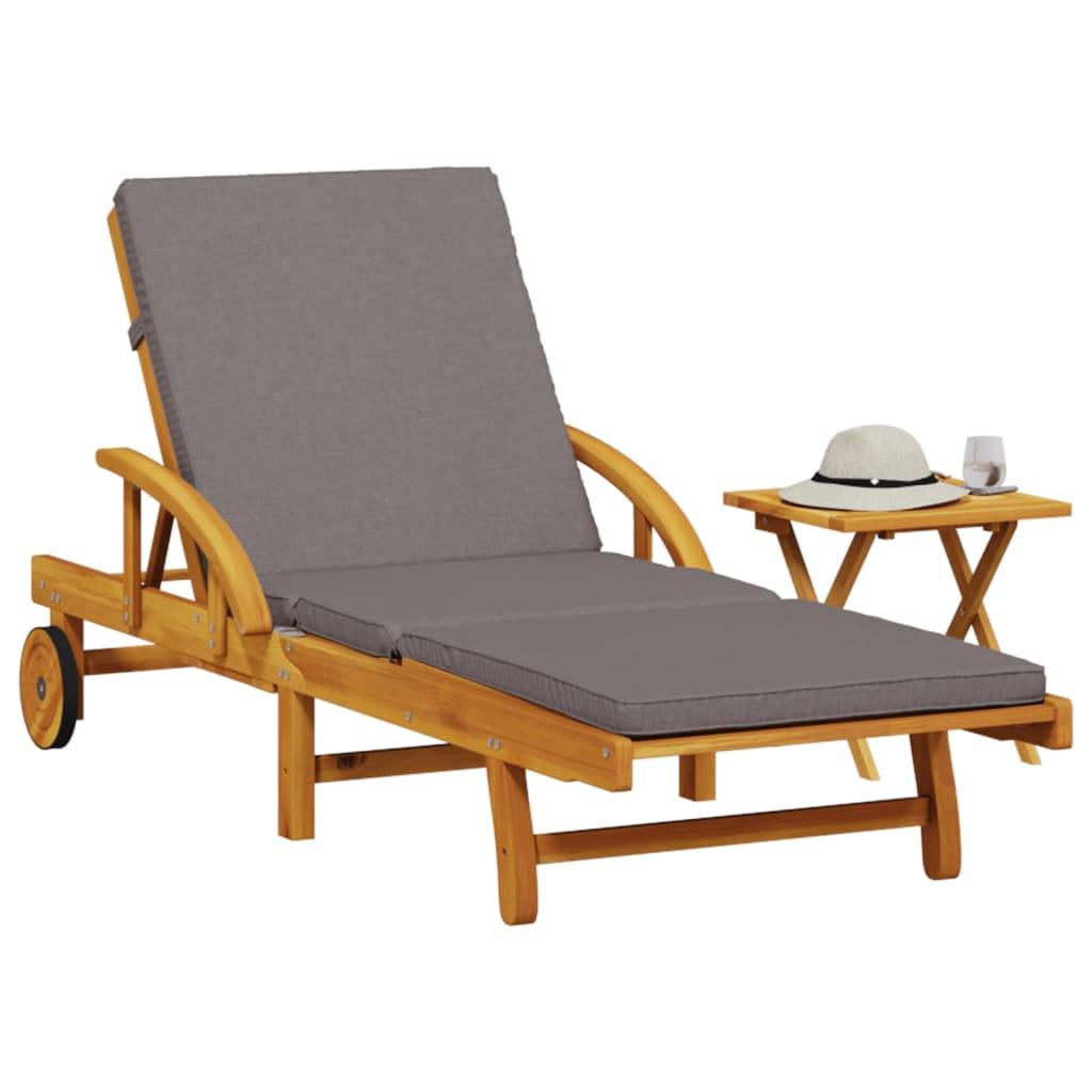 Chaise longue | Transat | Bain de soleil avec coussin et table bois d'acacia massif - Image 2