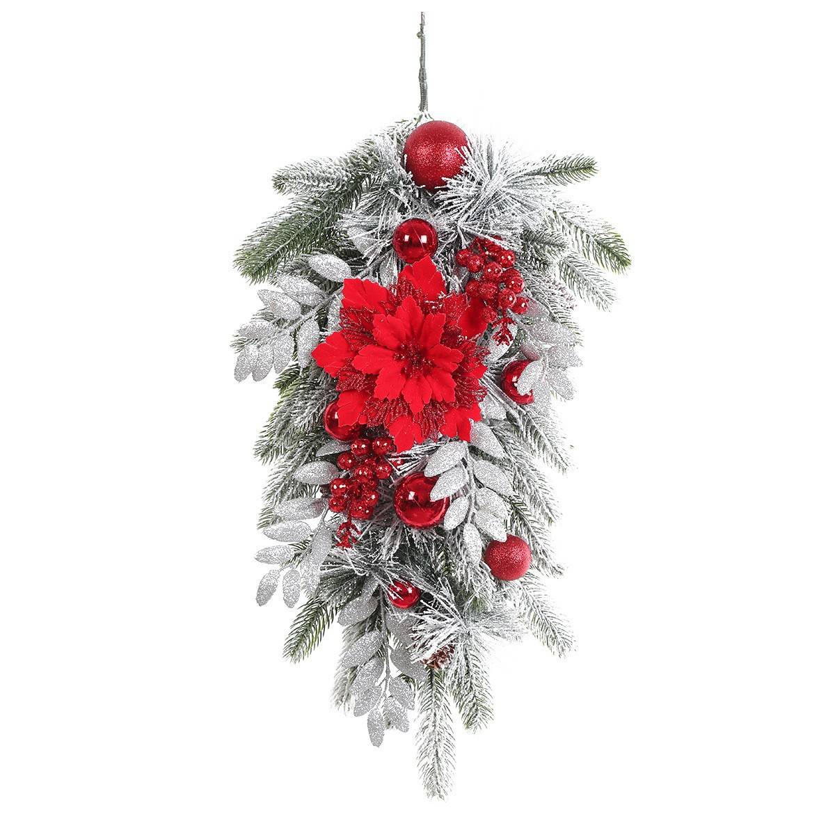 Couronne de Noël renversée de 60cm avec branches de pin artificielles, fleurs rouges et baies, idéale pour décorer votre porte d'entrée,Lumière chaude - Image 6