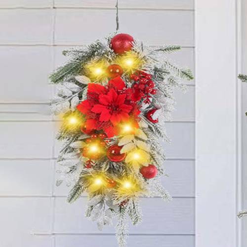 Couronne de Noël renversée de 60cm avec branches de pin artificielles, fleurs rouges et baies, idéale pour décorer votre porte d'entrée,Lumière chaude - Image 2