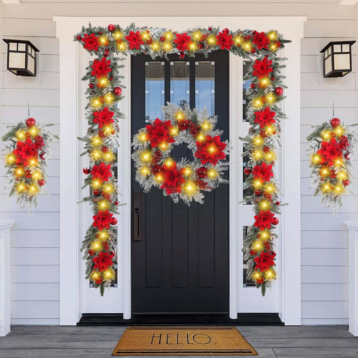 Couronne de Noël renversée de 60cm avec branches de pin artificielles, fleurs rouges et baies, idéale pour décorer votre porte d'entrée,Lumière chaude - Image 7