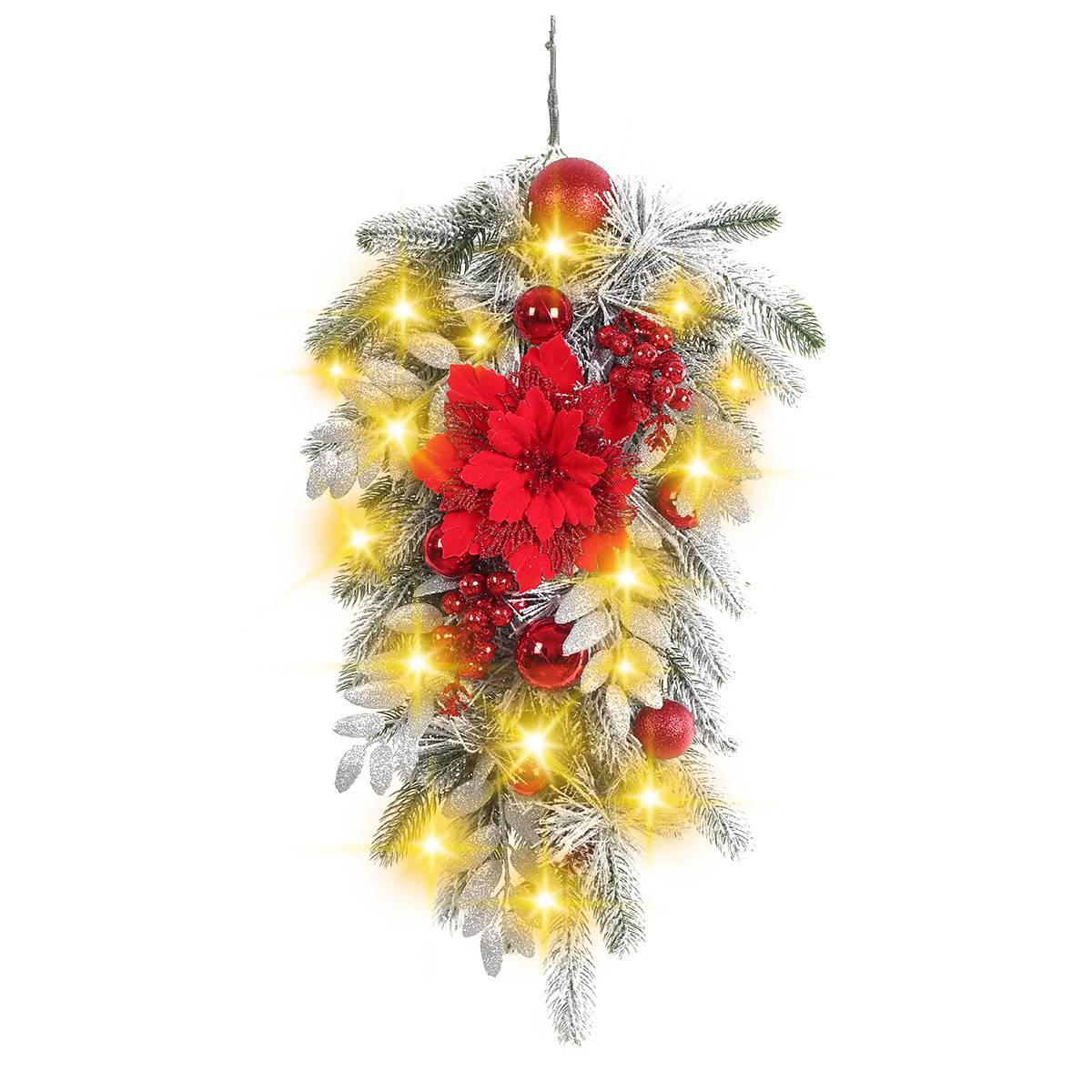 Couronne de Noël renversée de 60cm avec branches de pin artificielles, fleurs rouges et baies, idéale pour décorer votre porte d'entrée,Lumière chaude - Image 1