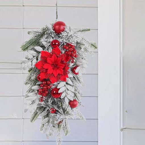 Couronne de Noël renversée de 60cm avec branches de pin artificielles, fleurs rouges et baies, idéale pour décorer votre porte d'entrée,Lumière chaude - Image 8