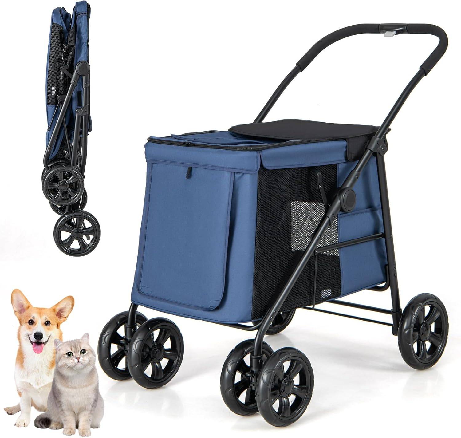 Poussette pour Chien Pliante, Poche de Rangement et 2 Portes Zippées,Charge 40KG (Bleu) - Image 1