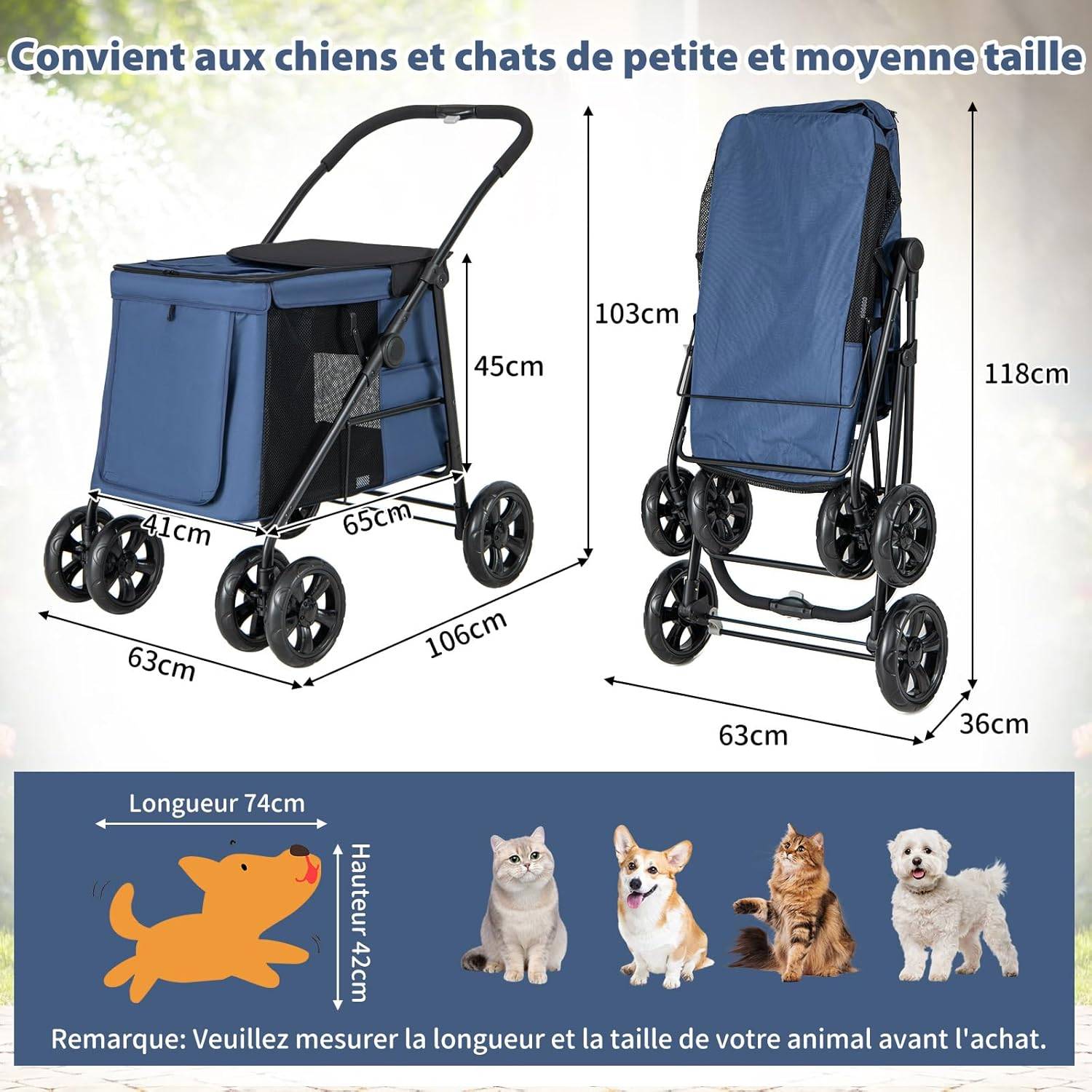 Poussette pour Chien Pliante, Poche de Rangement et 2 Portes Zippées,Charge 40KG (Bleu) - Image 4