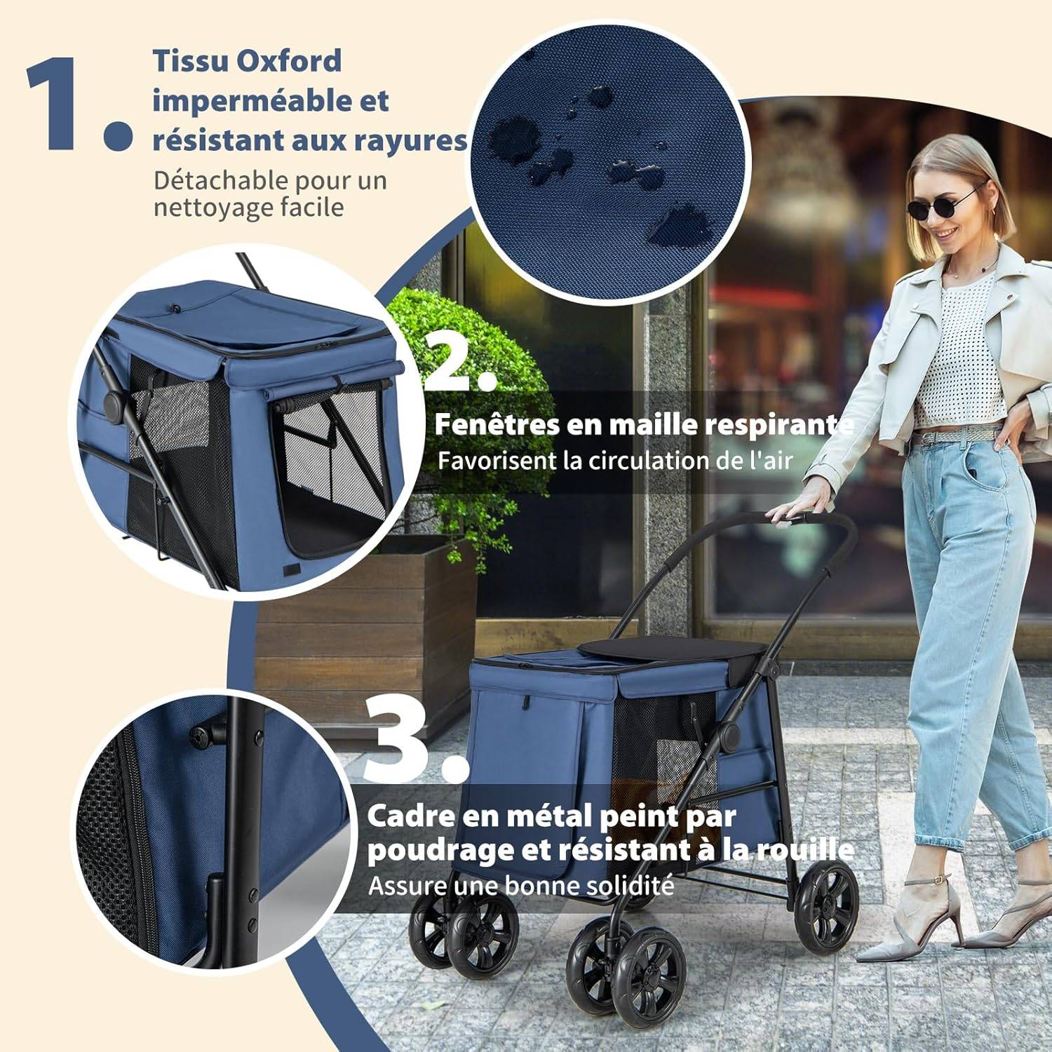Poussette pour Chien Pliante, Poche de Rangement et 2 Portes Zippées,Charge 40KG (Bleu) - Image 3