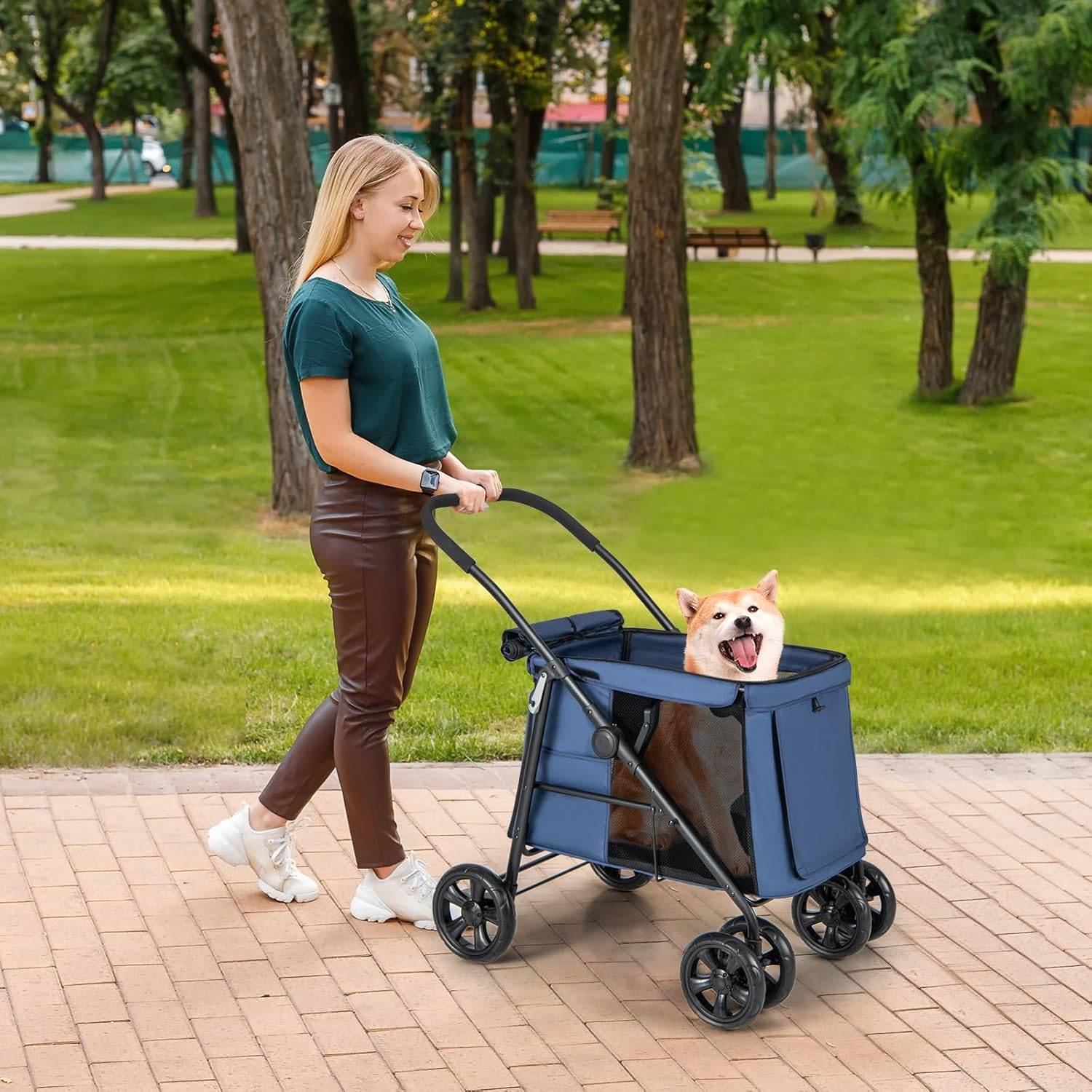 Poussette pour Chien Pliante, Poche de Rangement et 2 Portes Zippées,Charge 40KG (Bleu) - Image 2