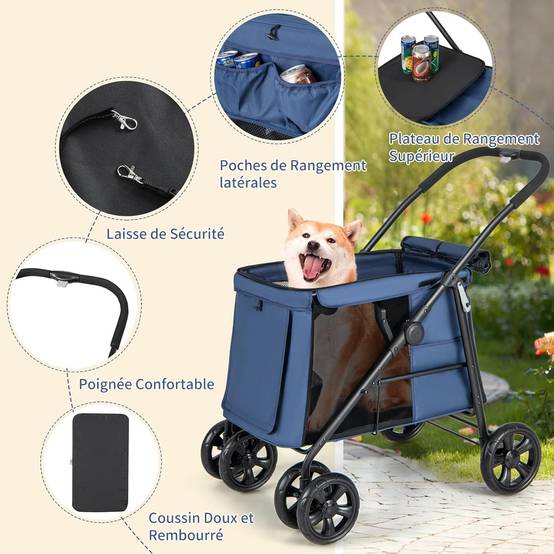 Poussette pour Chien Pliante, Poche de Rangement et 2 Portes Zippées,Charge 40KG (Bleu) - Image 5