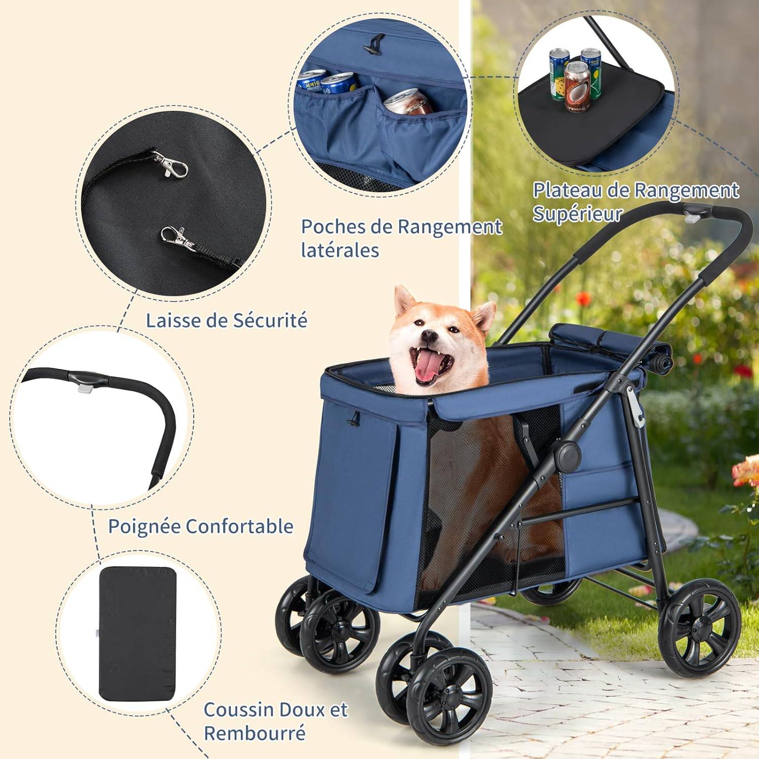 Poussette pour Chien Pliante, Poche de Rangement et 2 Portes Zippées,Charge 40KG (Bleu) - Image 5