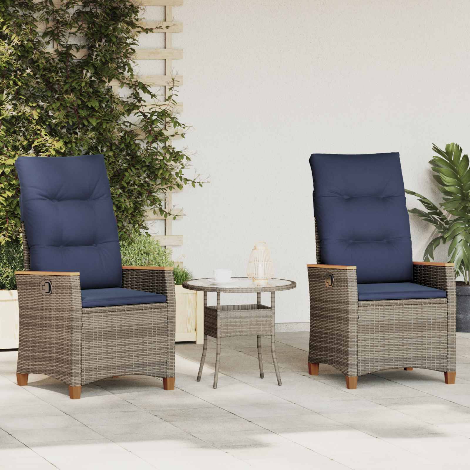 Chaises de jardin inclinables polyrotin gris et bleu marine 64 x 57.5 x 112 cm - PANGIVO - Image 1