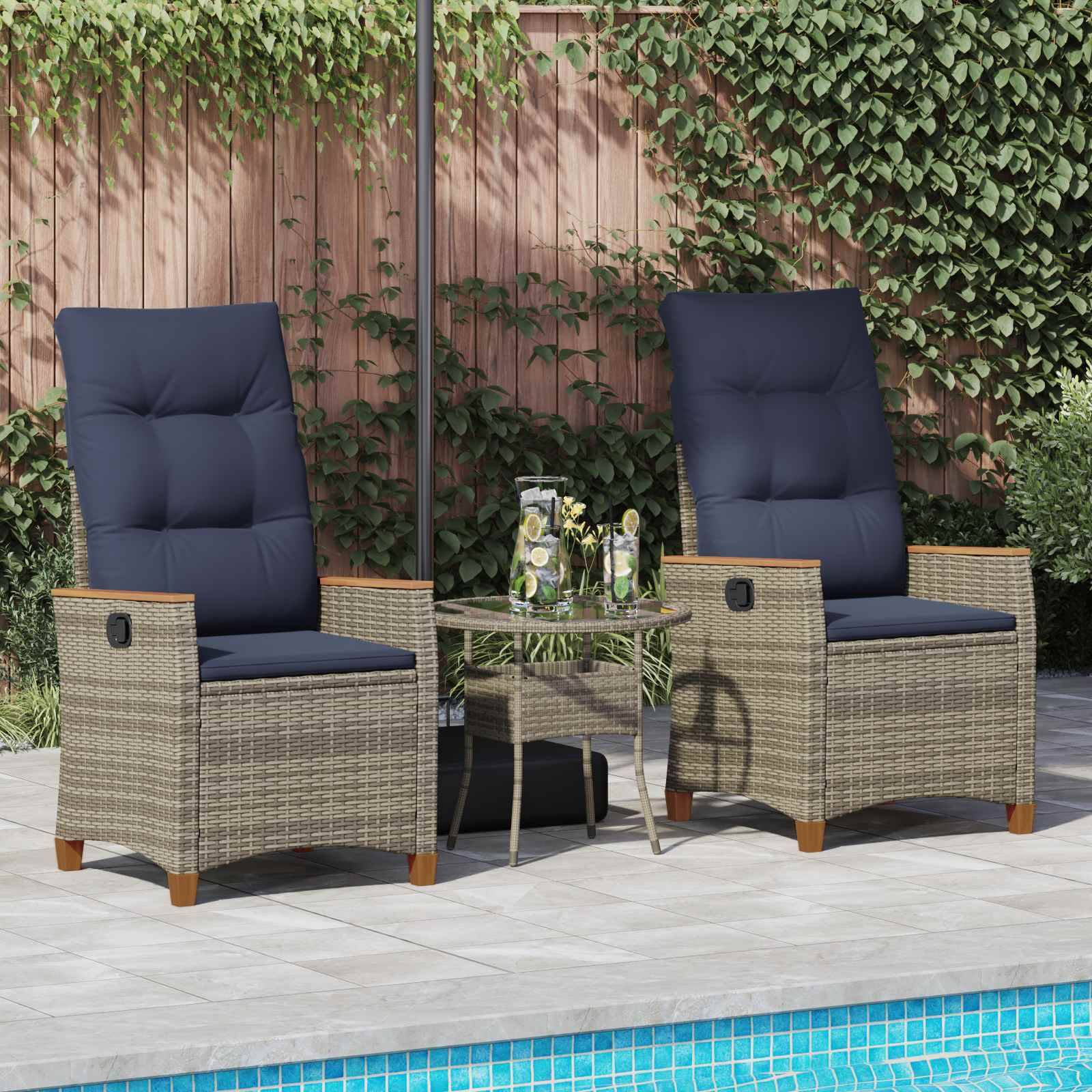 Chaises de jardin inclinables polyrotin gris et bleu marine 64 x 57.5 x 112 cm - PANGIVO - Image 3