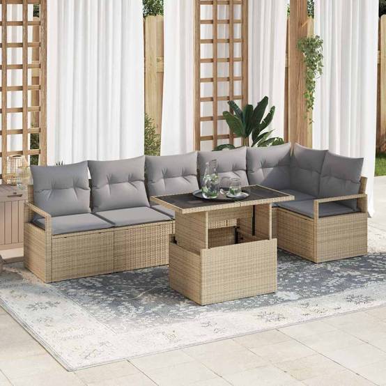 Salon de jardin 6 places en résine tressée 7 pièces pour grande terrasse Beige – ComfortXL Outdoor Living - Image 1