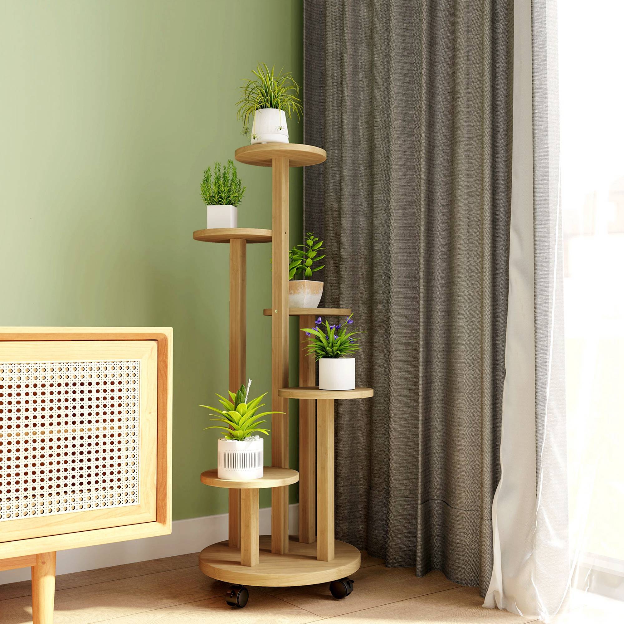 Étagère à plantes en bambou à 5 niveaux avec roulettes, coins arrondis, 33 x 33 x 90 cm, naturel - Image 9