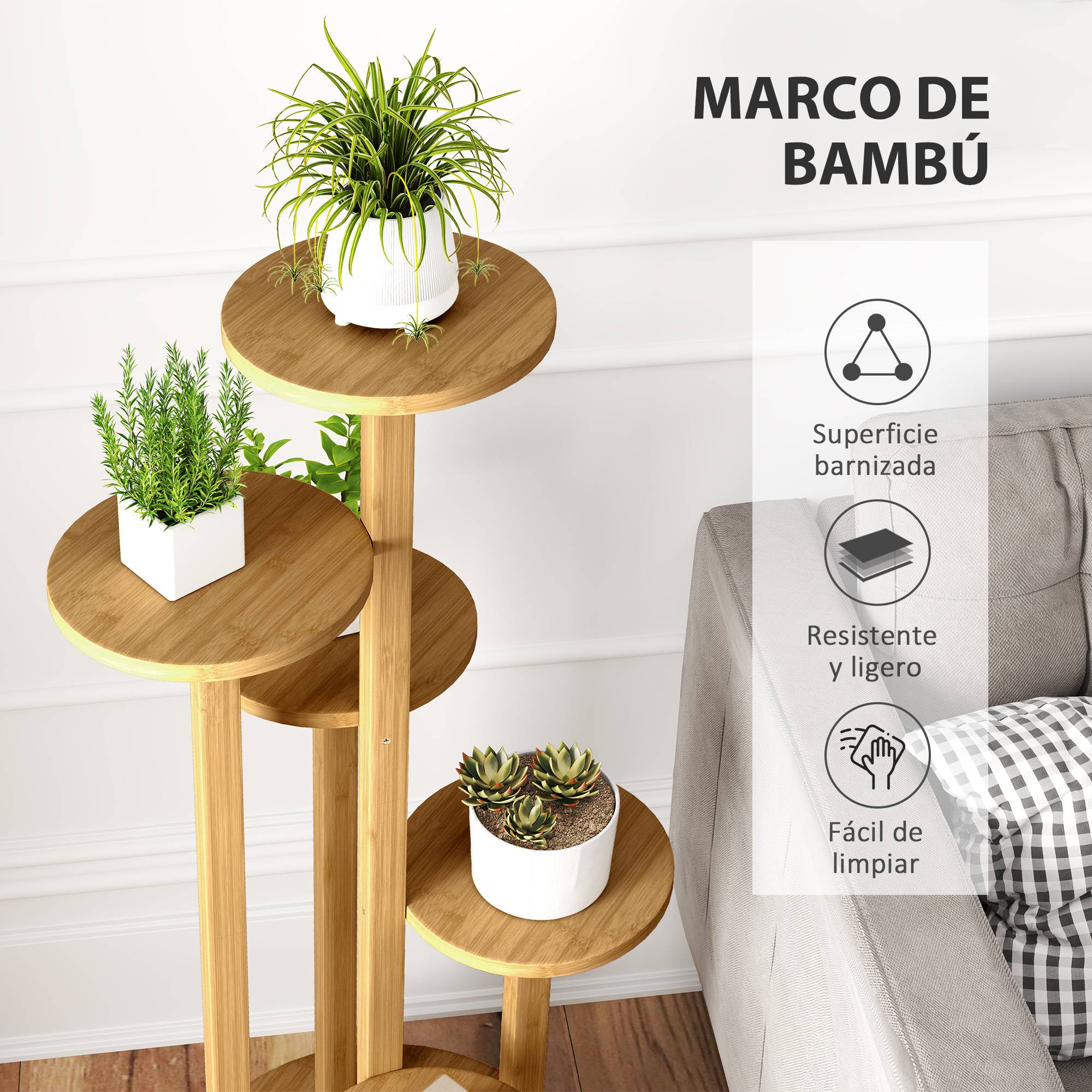 Étagère à plantes en bambou à 5 niveaux avec roulettes, coins arrondis, 33 x 33 x 90 cm, naturel - Image 7