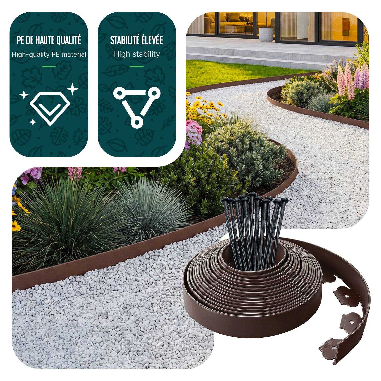 Bordure de jardin flexible plastique 20m avec 60 piquets marron - hauteur 5cm - epaisseur 4mm - Image 4