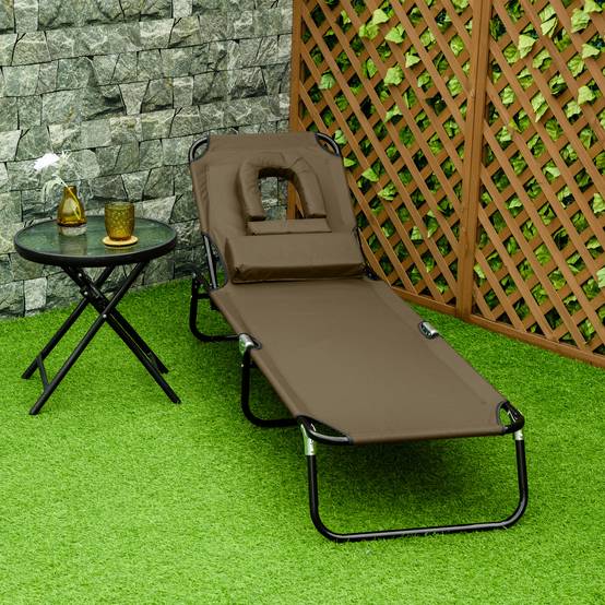 Chaise longue pliante acier jardin trou de lecture dossier inclinable marron - ComfortXL Outdoor Living - Image 3