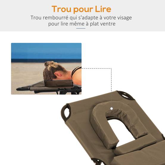 Chaise longue pliante acier jardin trou de lecture dossier inclinable marron - ComfortXL Outdoor Living - Image 9