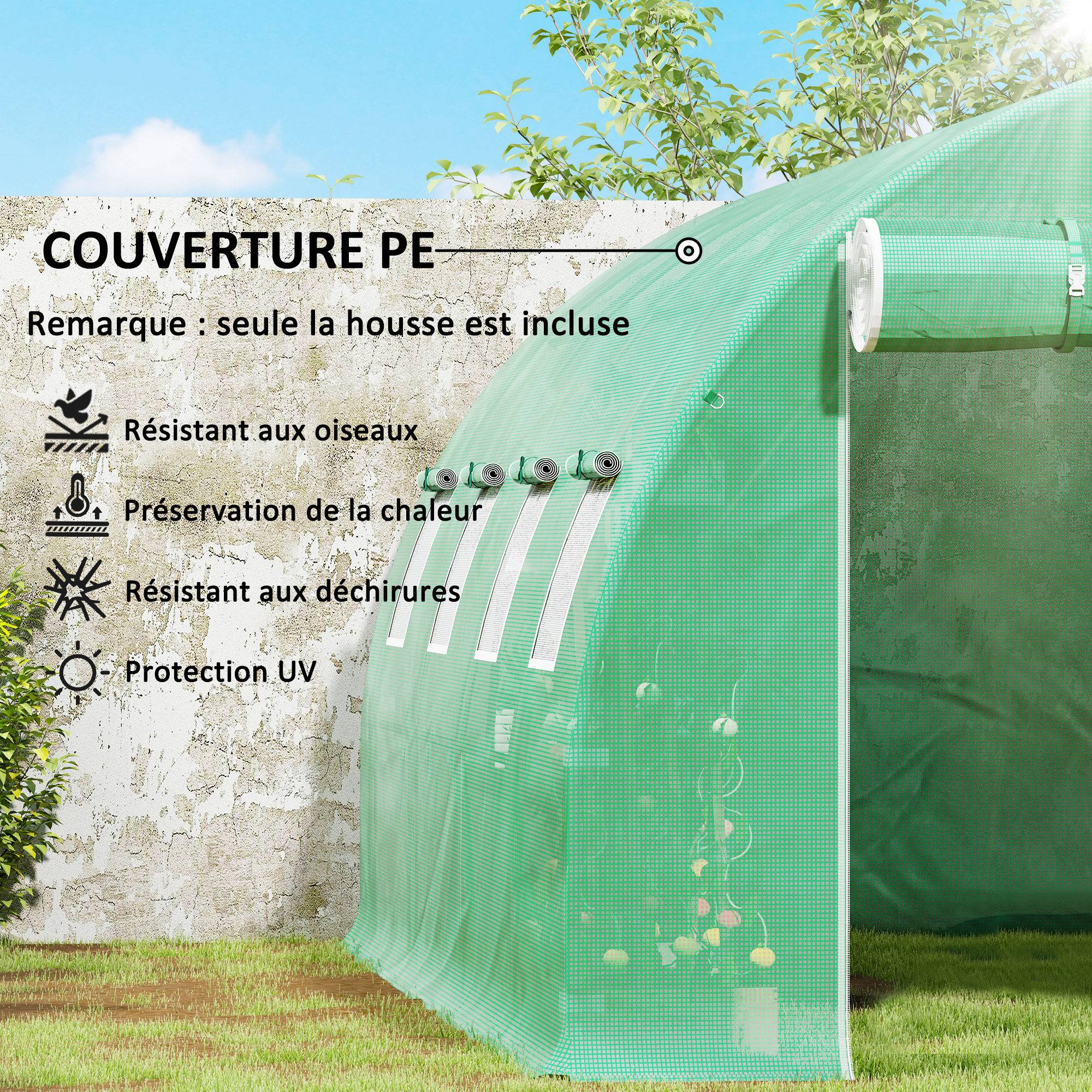 Sans Marque - Bâche de rechange serre tunnel 12 m² 4 x 3 x 2 m PE anti-UV imperméable 8 fenêtres + porte enroulable zippée vert - Image 8