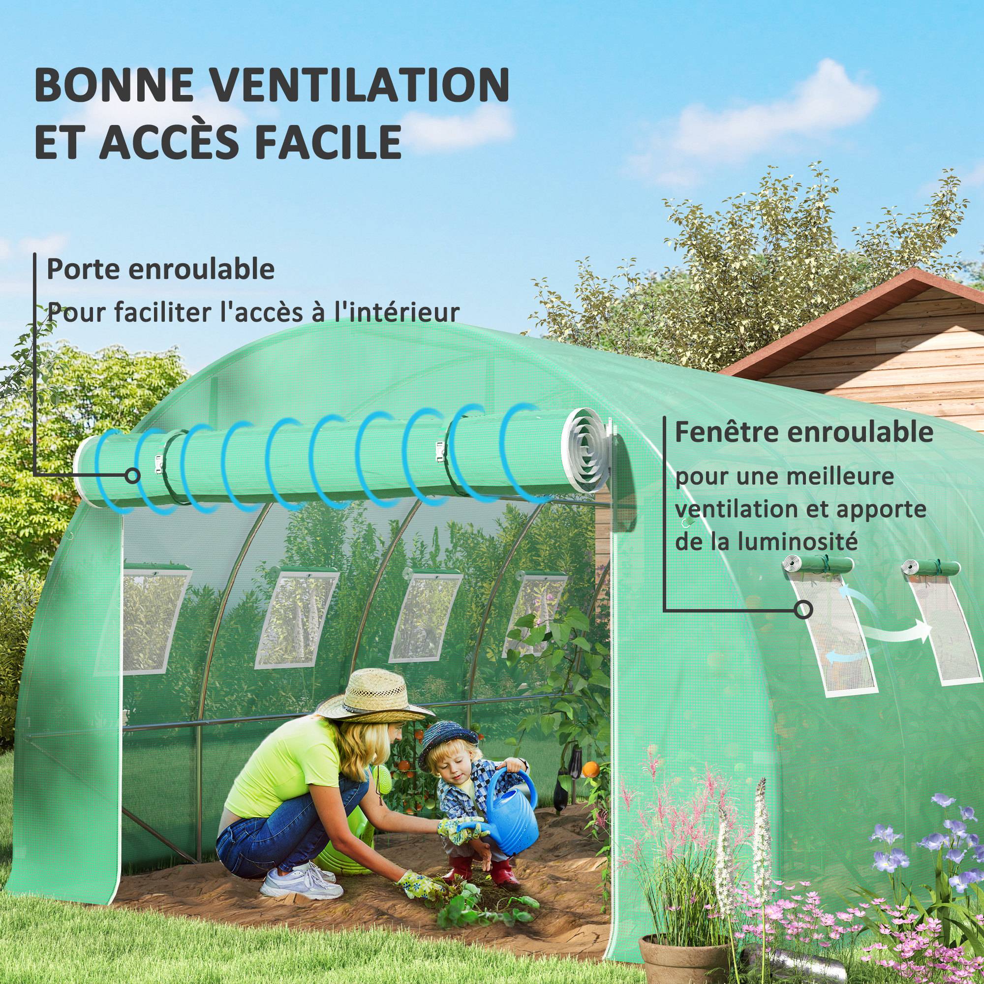 Sans Marque - Bâche de rechange serre tunnel 12 m² 4 x 3 x 2 m PE anti-UV imperméable 8 fenêtres + porte enroulable zippée vert - Image 6