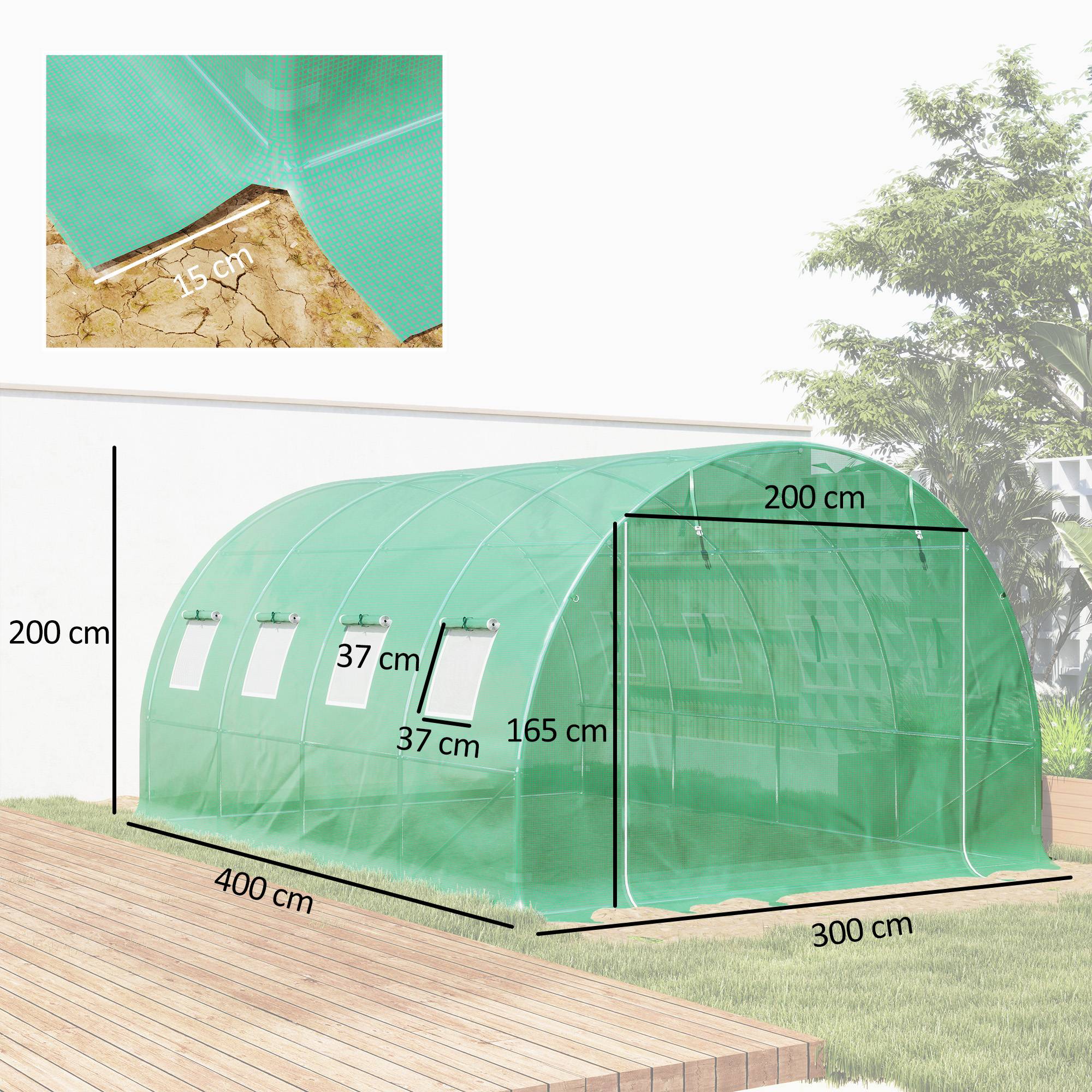 Sans Marque - Bâche de rechange serre tunnel 12 m² 4 x 3 x 2 m PE anti-UV imperméable 8 fenêtres + porte enroulable zippée vert - Image 5