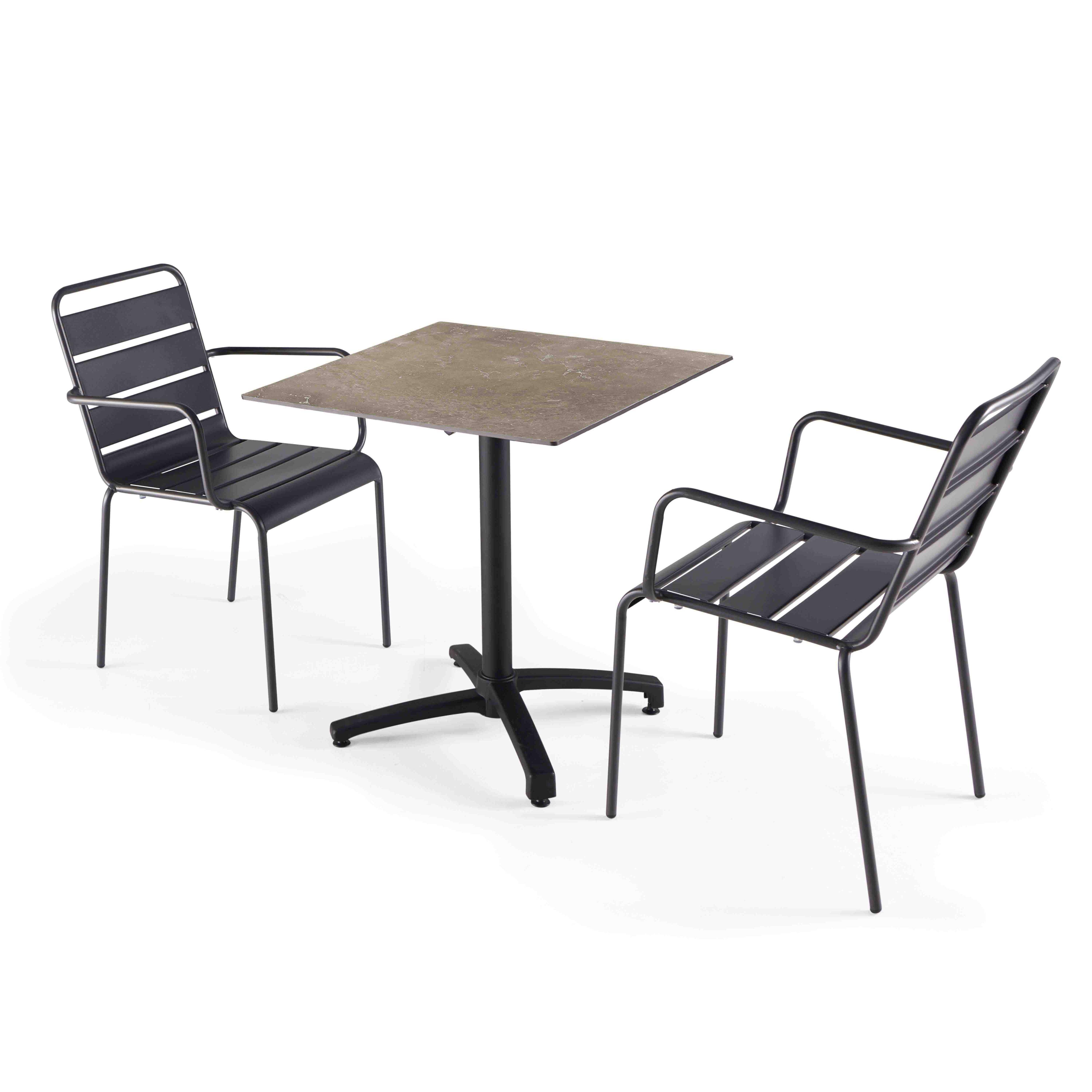 Oviala - Ensemble table de terrasse stratifié marbre beige et 2 fauteuils gris - Oviala - Image 1