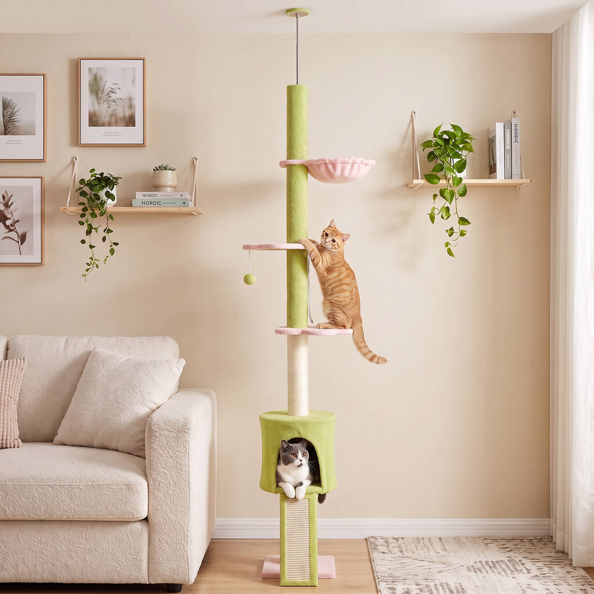 Arbre à chat niche, hamac, hauteur réglable, revêtement tissu, vert - Image 10
