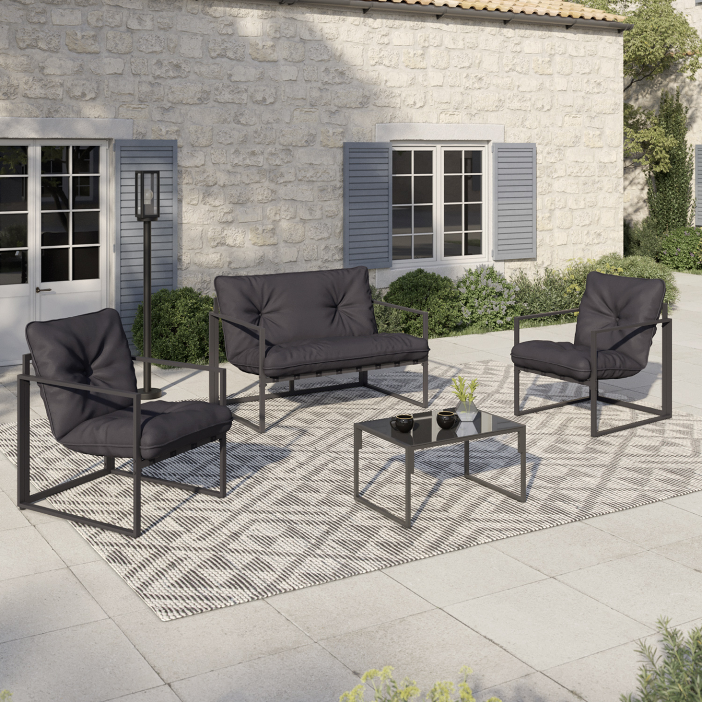Salon de jardin bas NAIROBI 4 places en acier gris anthracite - Image 1