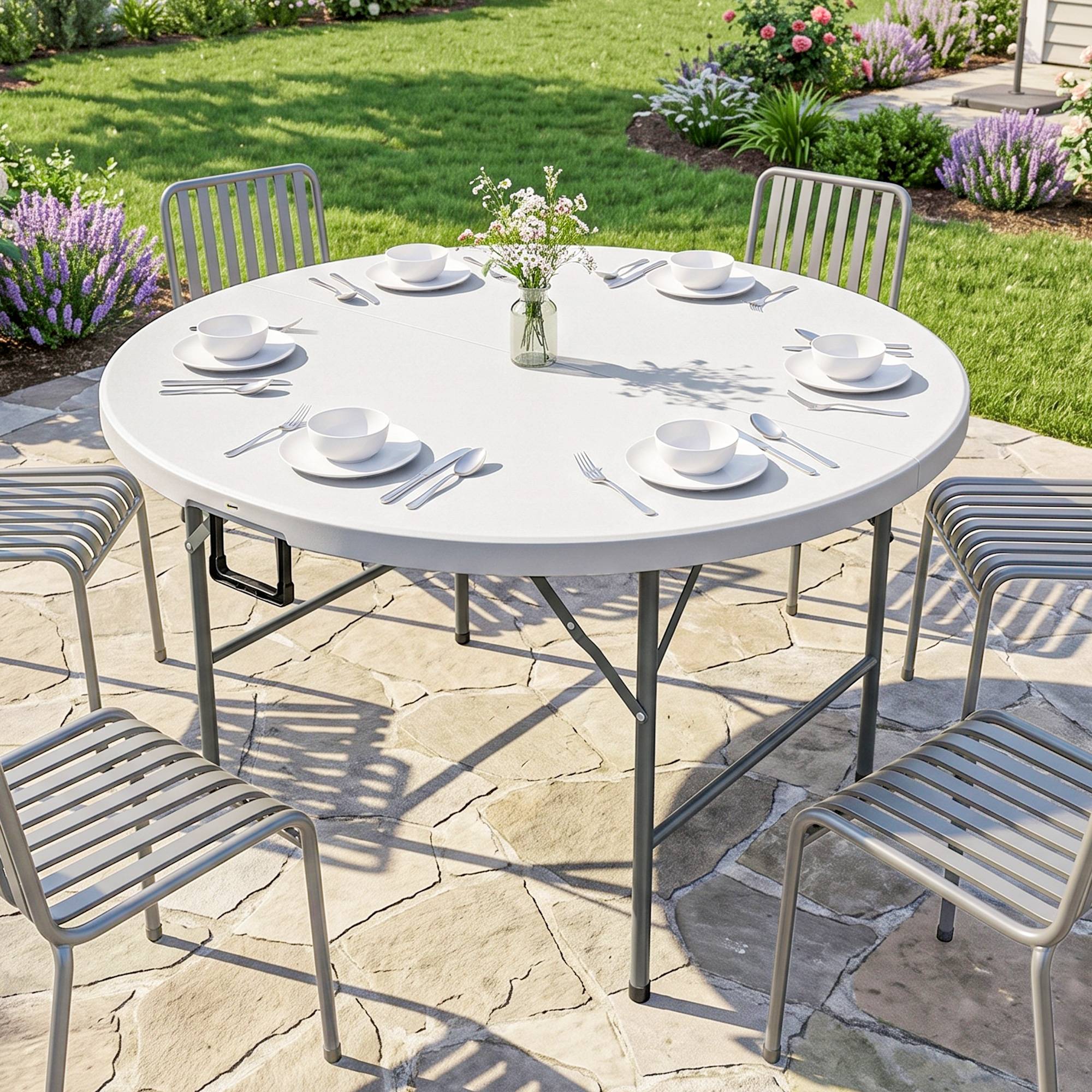Sans Marque - Table ronde de jardin pliante Ø122 cm peut accueillir 6 personnes pour évènement, structure métal, plateau HDPE - Image 4