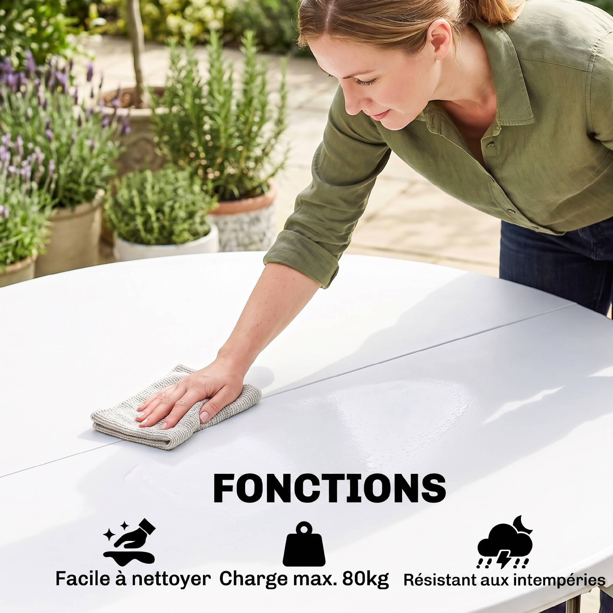 Sans Marque - Table ronde de jardin pliante Ø122 cm peut accueillir 6 personnes pour évènement, structure métal, plateau HDPE - Image 7