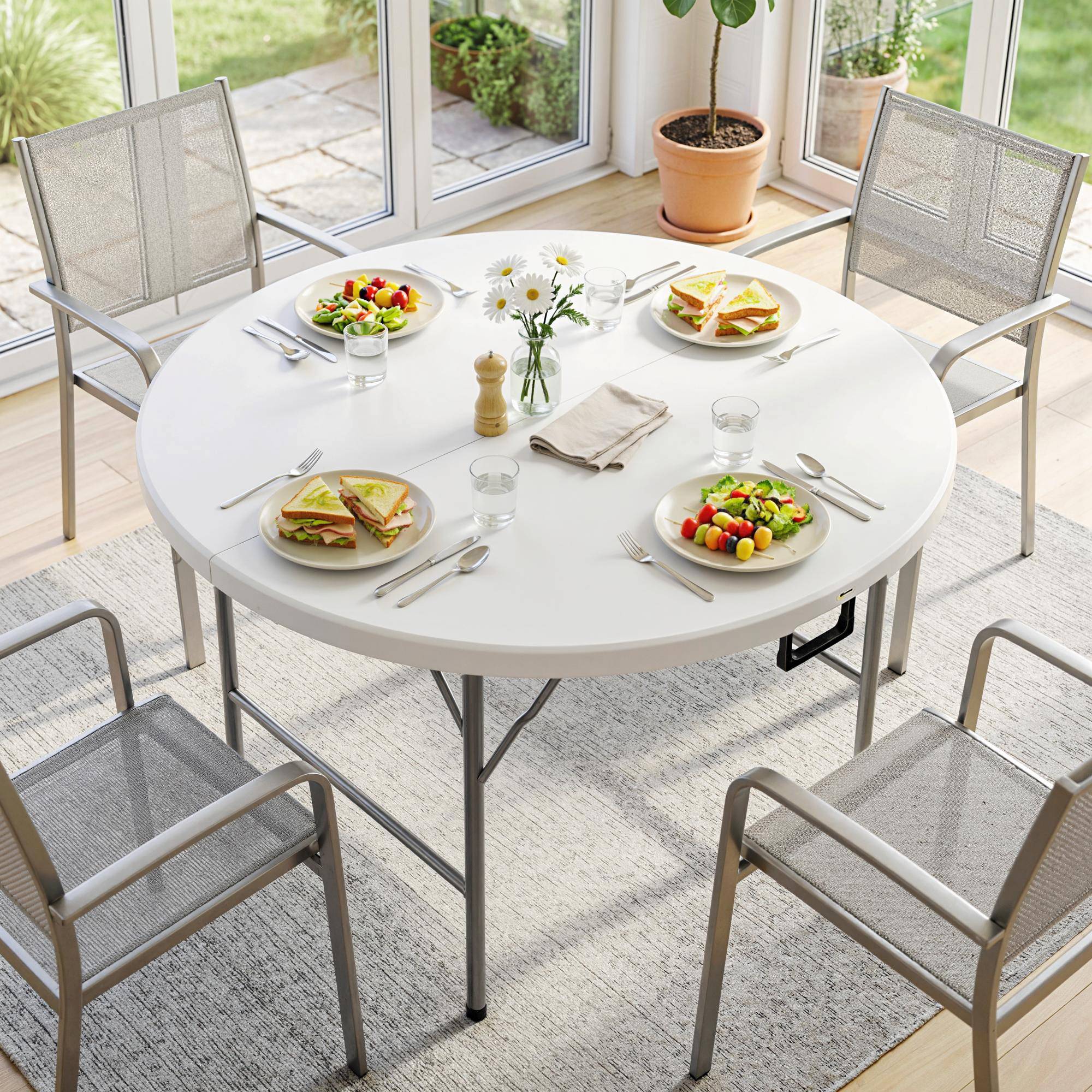 Sans Marque - Table ronde de jardin pliante Ø122 cm peut accueillir 6 personnes pour évènement, structure métal, plateau HDPE - Image 10
