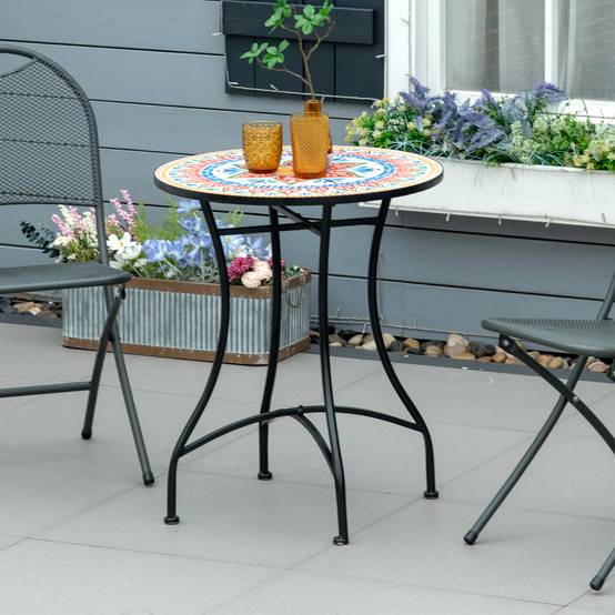 PANGIVO - Table de jardin ronde avec mosaïque en céramique et cadre en métal, Ø60 cm, rouge, bleu et blanc - PANGIVO - Image 2