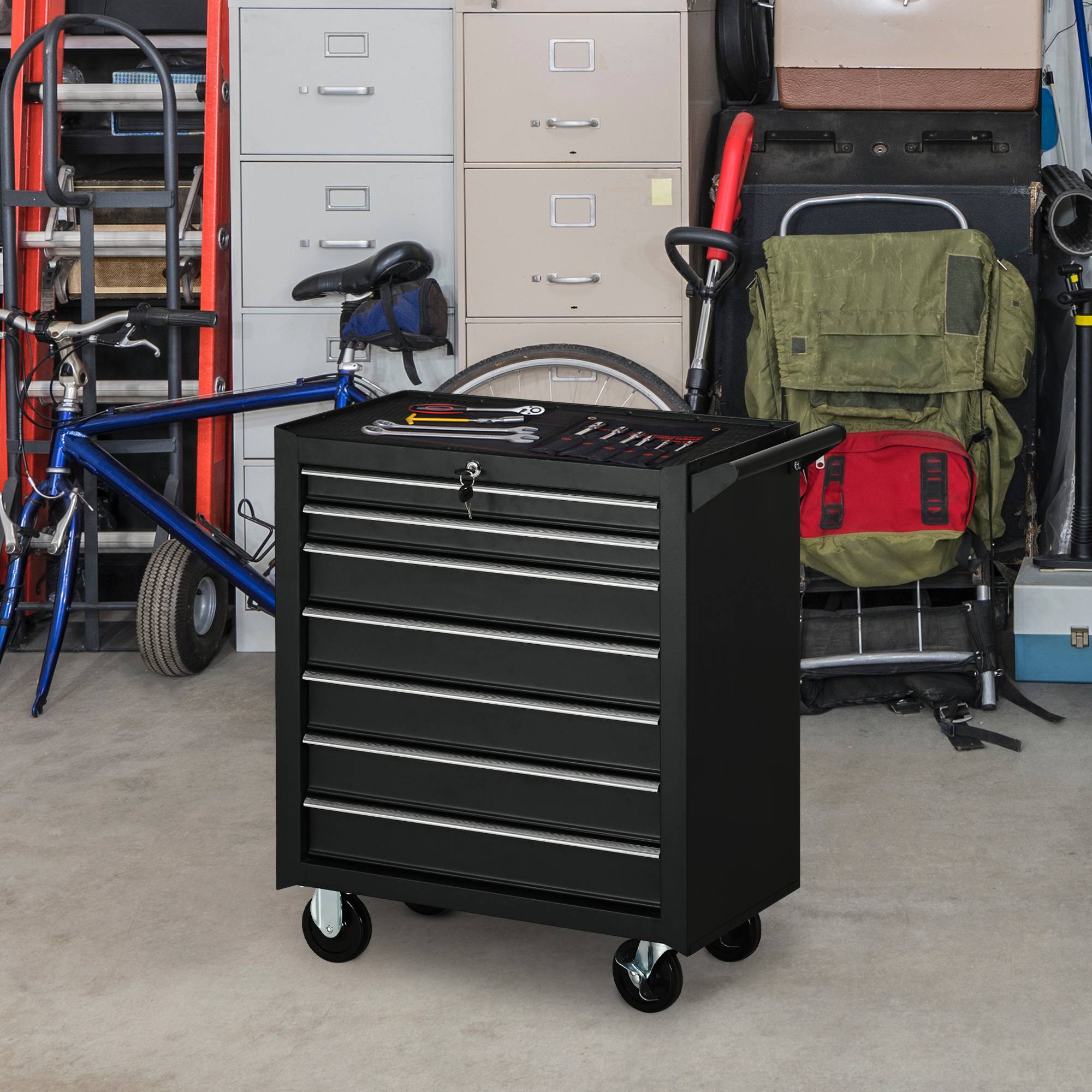Sans Marque - Chariot outils, 2 petits & 5 grands tiroirs, acier, 150 kg, 69 x 33 x 75 cm, rouge - Image 3