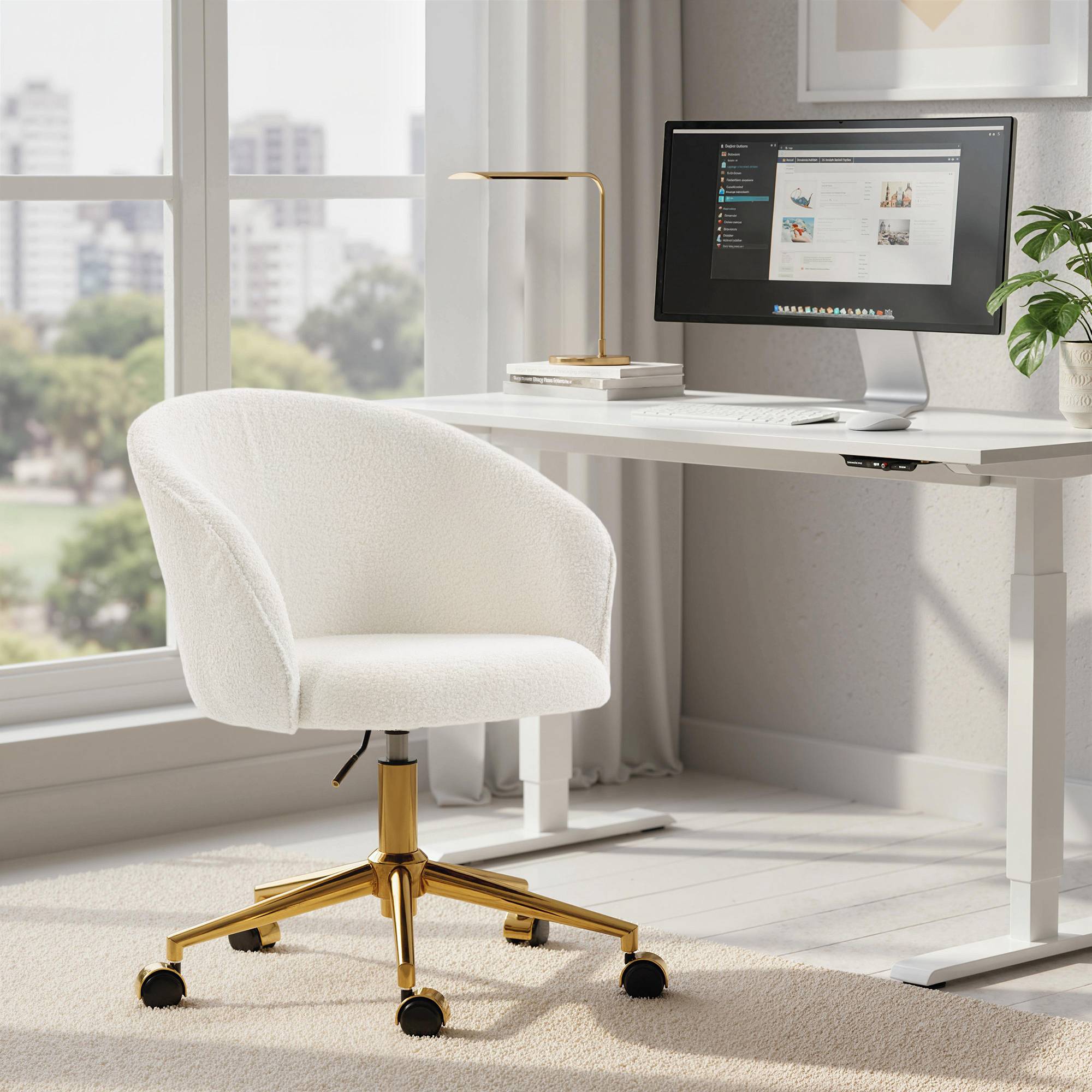 Sans Marque - Chaise de bureau, fauteuil de bureau ergonomique réglable en hauteur, siège pivotante, piètement en acier, crème - Image 3