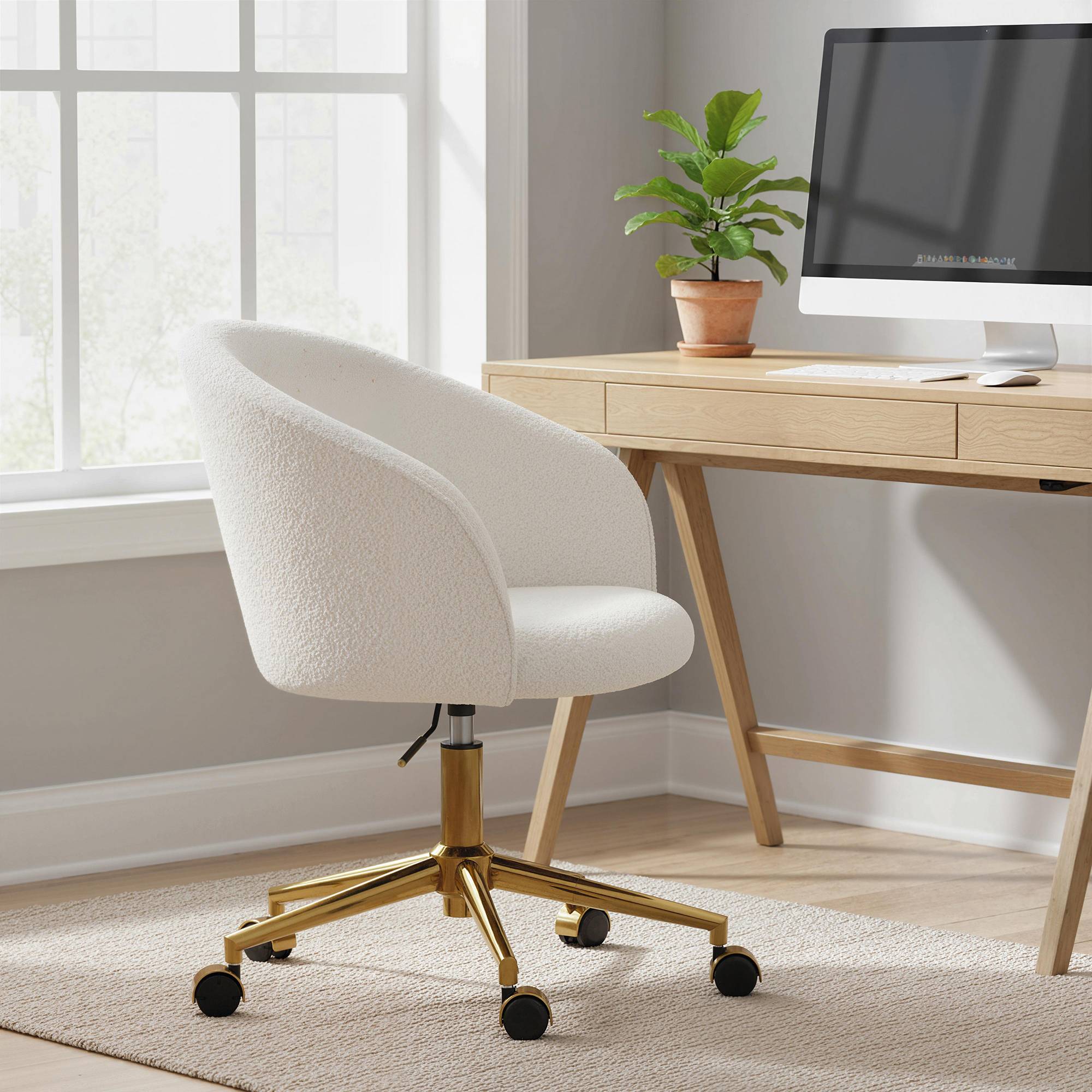 Sans Marque - Chaise de bureau, fauteuil de bureau ergonomique réglable en hauteur, siège pivotante, piètement en acier, crème - Image 4
