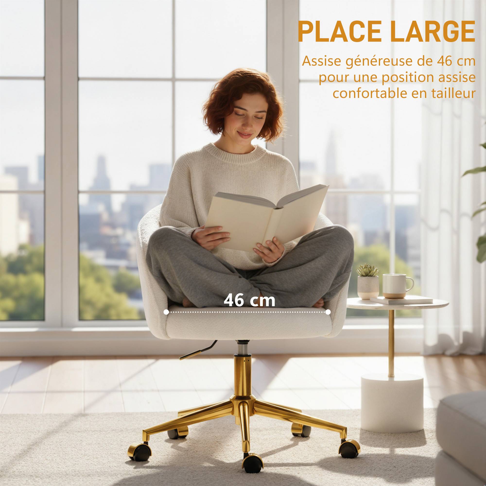 Sans Marque - Chaise de bureau, fauteuil de bureau ergonomique réglable en hauteur, siège pivotante, piètement en acier, crème - Image 6