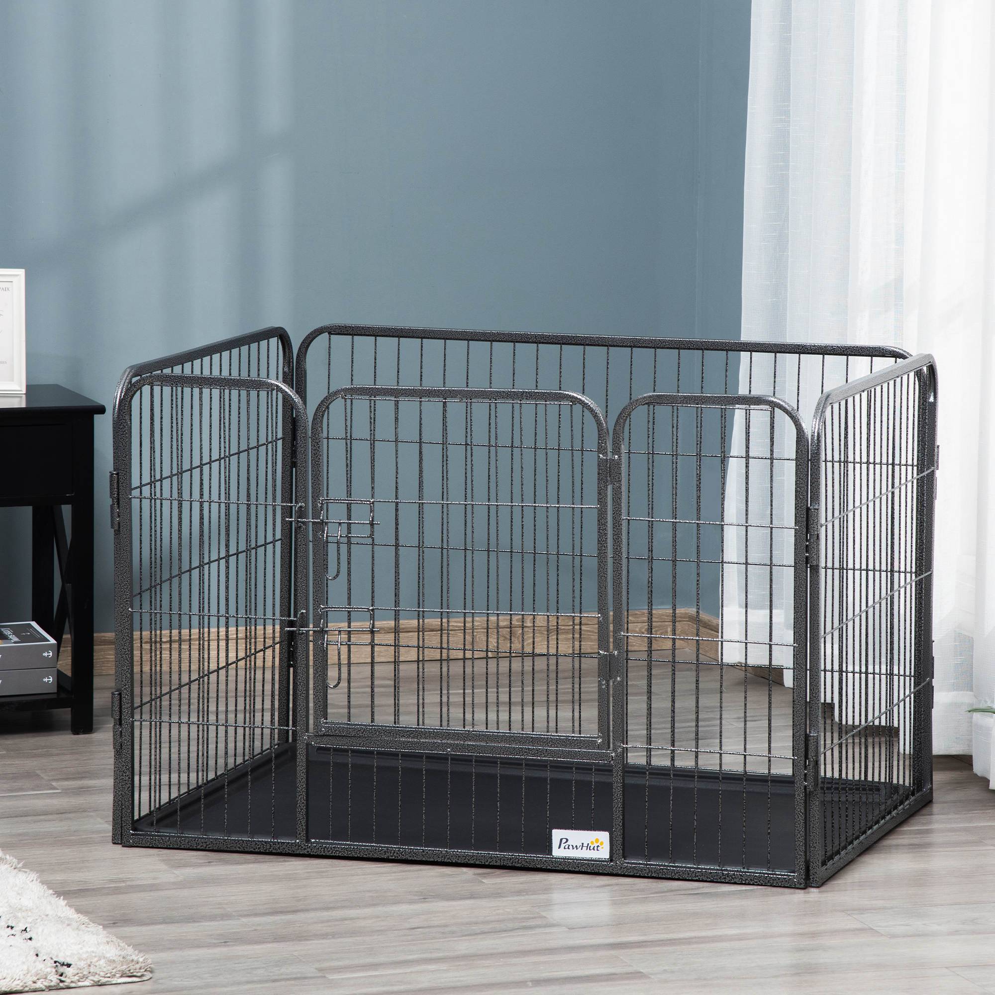 Parc Rectangulaire pour Animaux 4 Panneaux Acier 109 x 74 x 71 cm, Porte Double Verrouillage et Plateau Amovible, Intérieur/Extérieur - Image 4