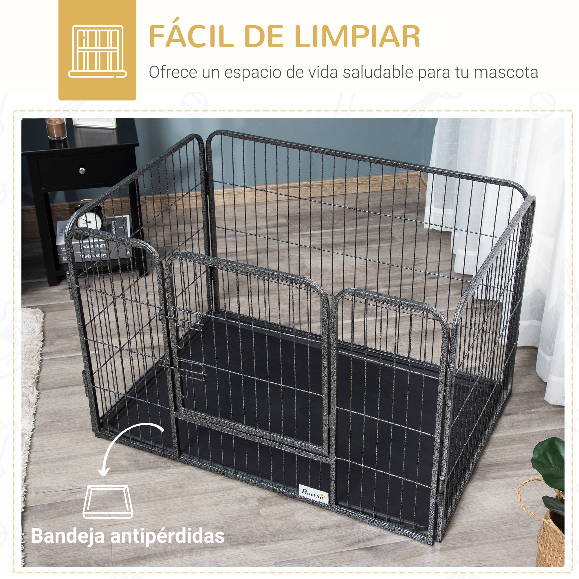 Parc Rectangulaire pour Animaux 4 Panneaux Acier 109 x 74 x 71 cm, Porte Double Verrouillage et Plateau Amovible, Intérieur/Extérieur - Image 8