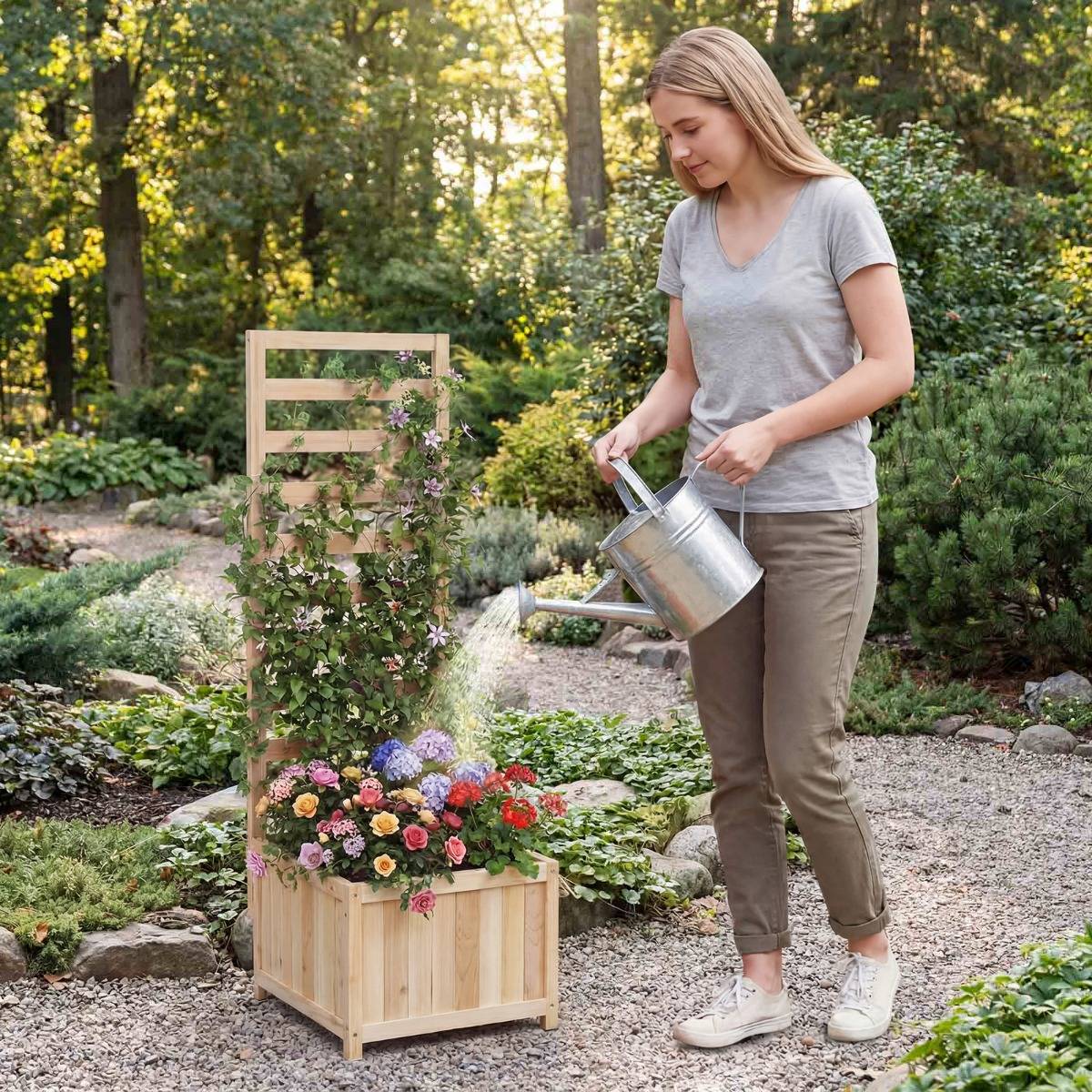 Jardinière avec Treillis en Bois 123 CM Bac à Fleurs Surélevé pour Plante pour Grimpante Vigne Fleurs avec Trou de Drainage Naturel MAISON CHIC - Image 2